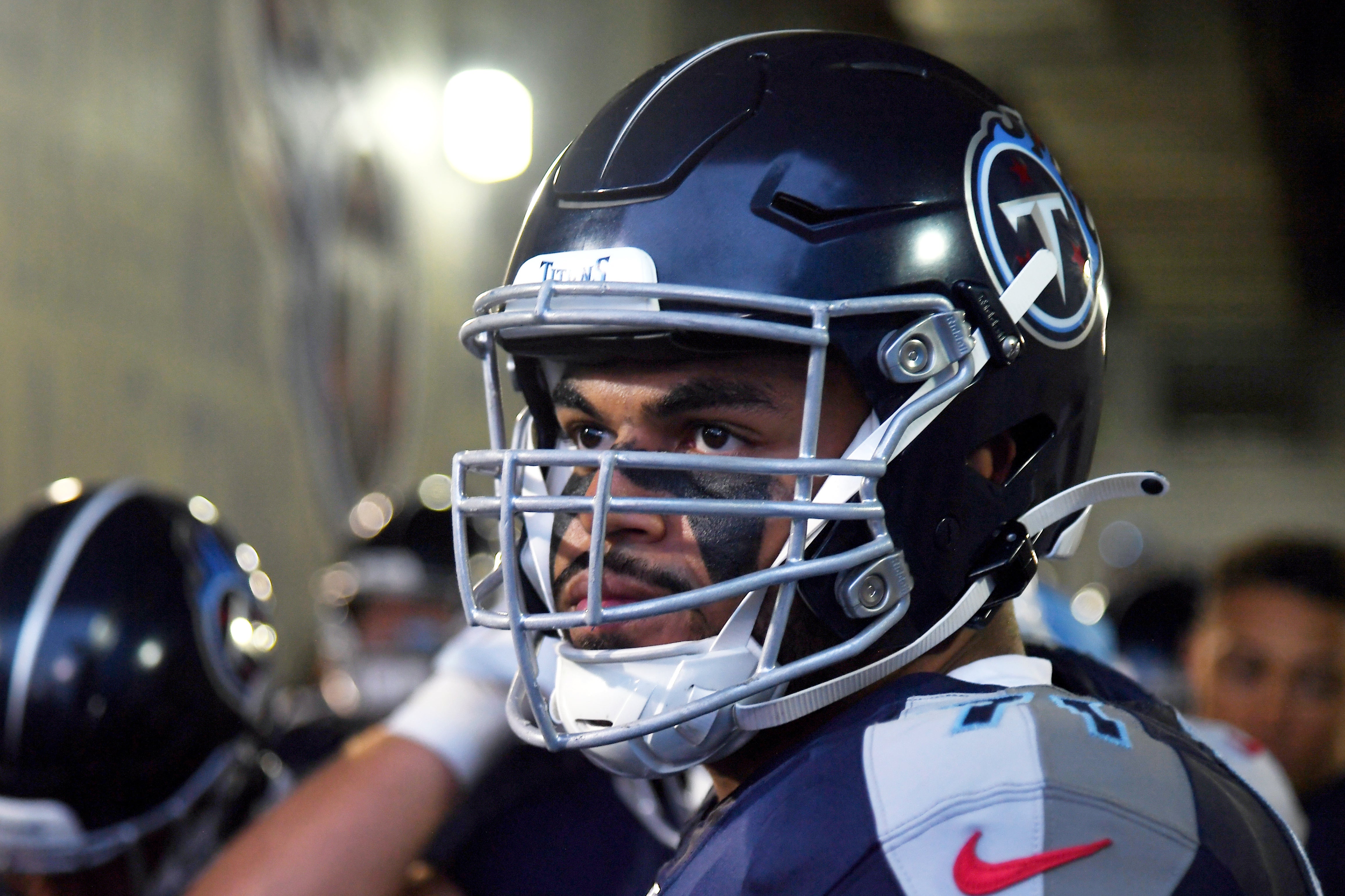 Aug 25, 2023; Nashville, Tennessee, USA; Tennessee Titans offensive tackle Andre Dillard (71) waits in the tunnel before the game against the New England Patriots at Nissan Stadium.