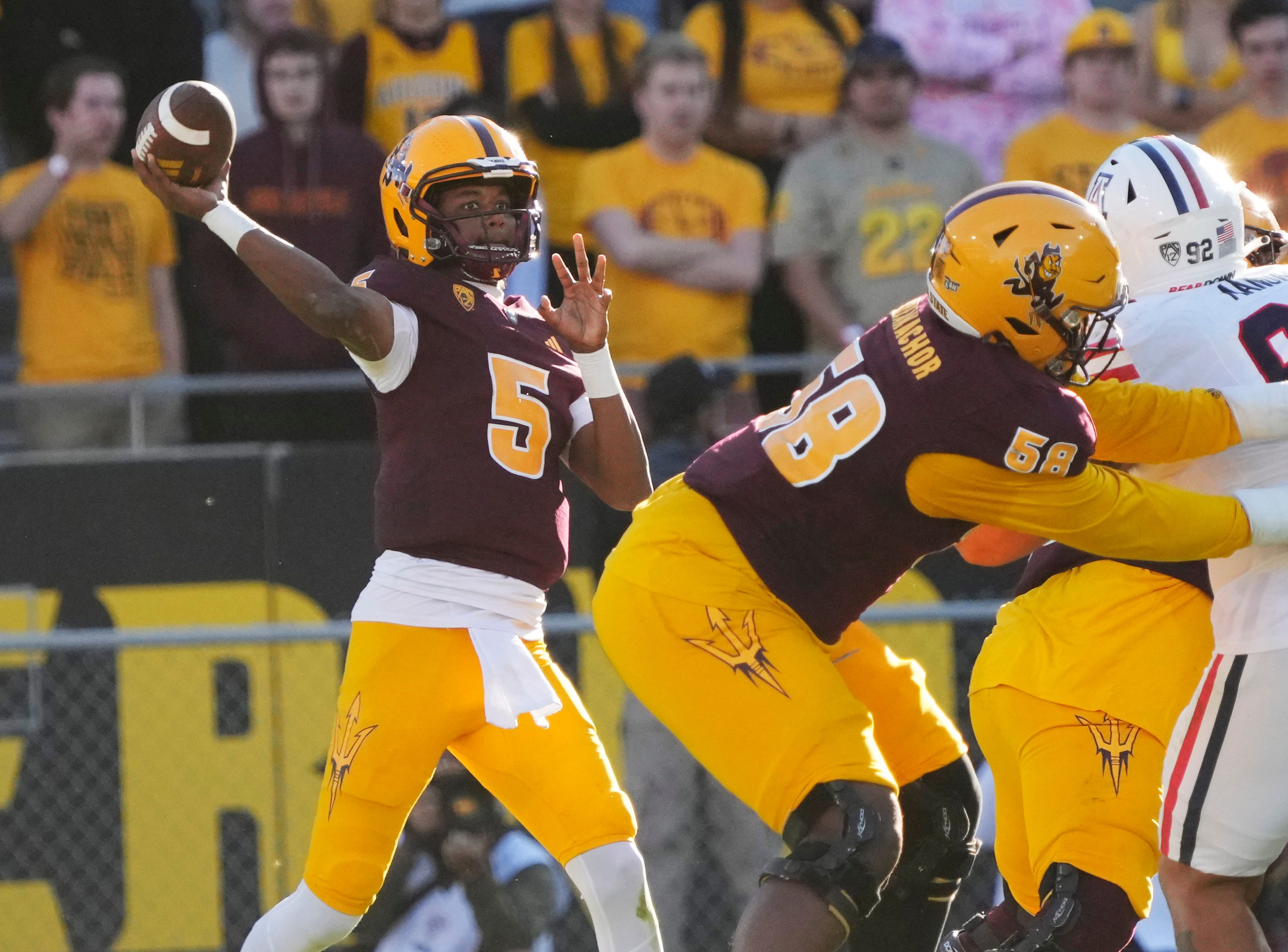 Arizona State quarterback Jaden Rashada (5) throws a pass against Arizona during the third quarter at Mountain America Stadium in Tempe on Nov. 25, 202