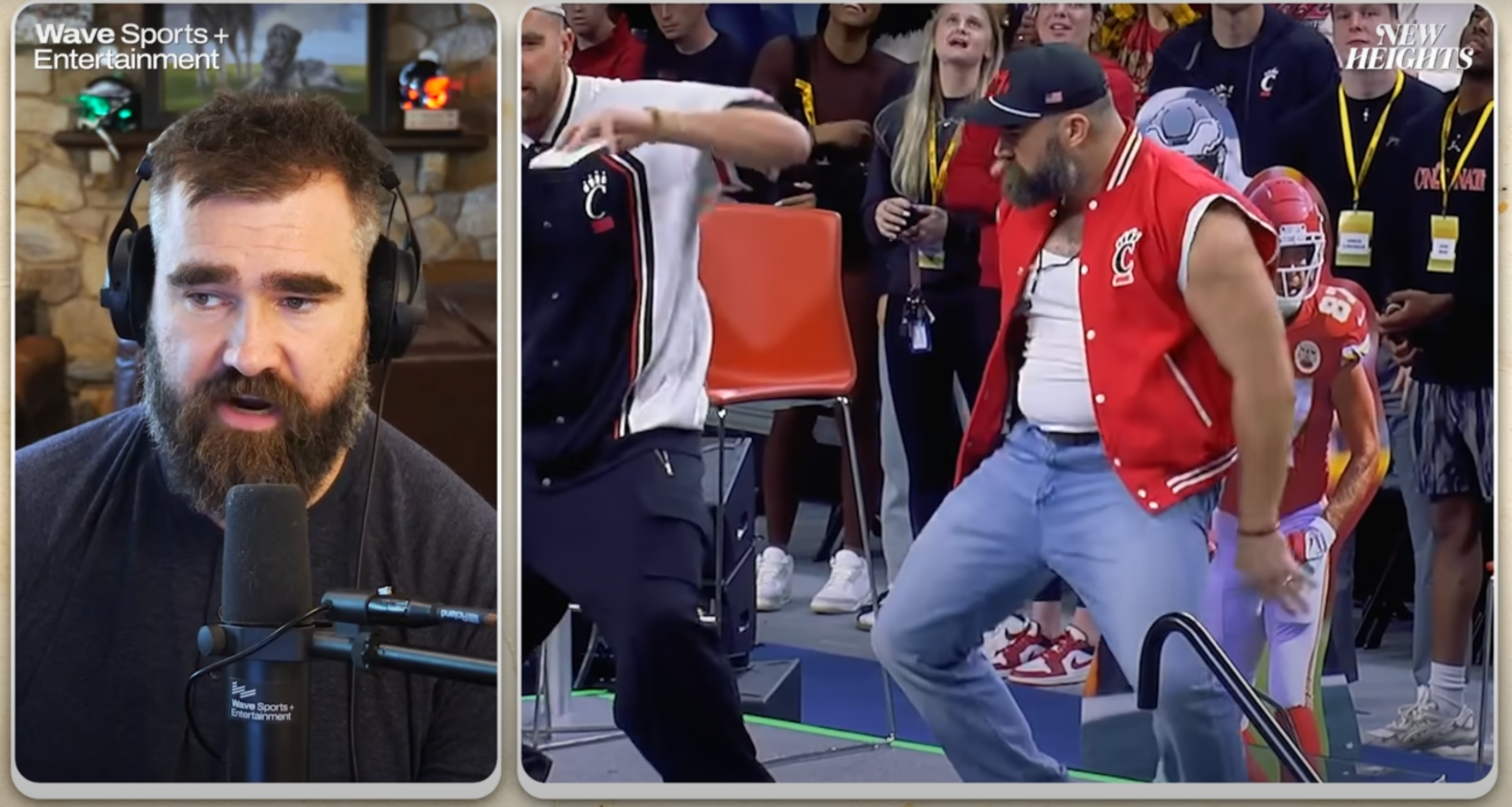 Jason Kelce and Travis Kelce reacting to their dancing skills during the New Heights live show on this week's episode.