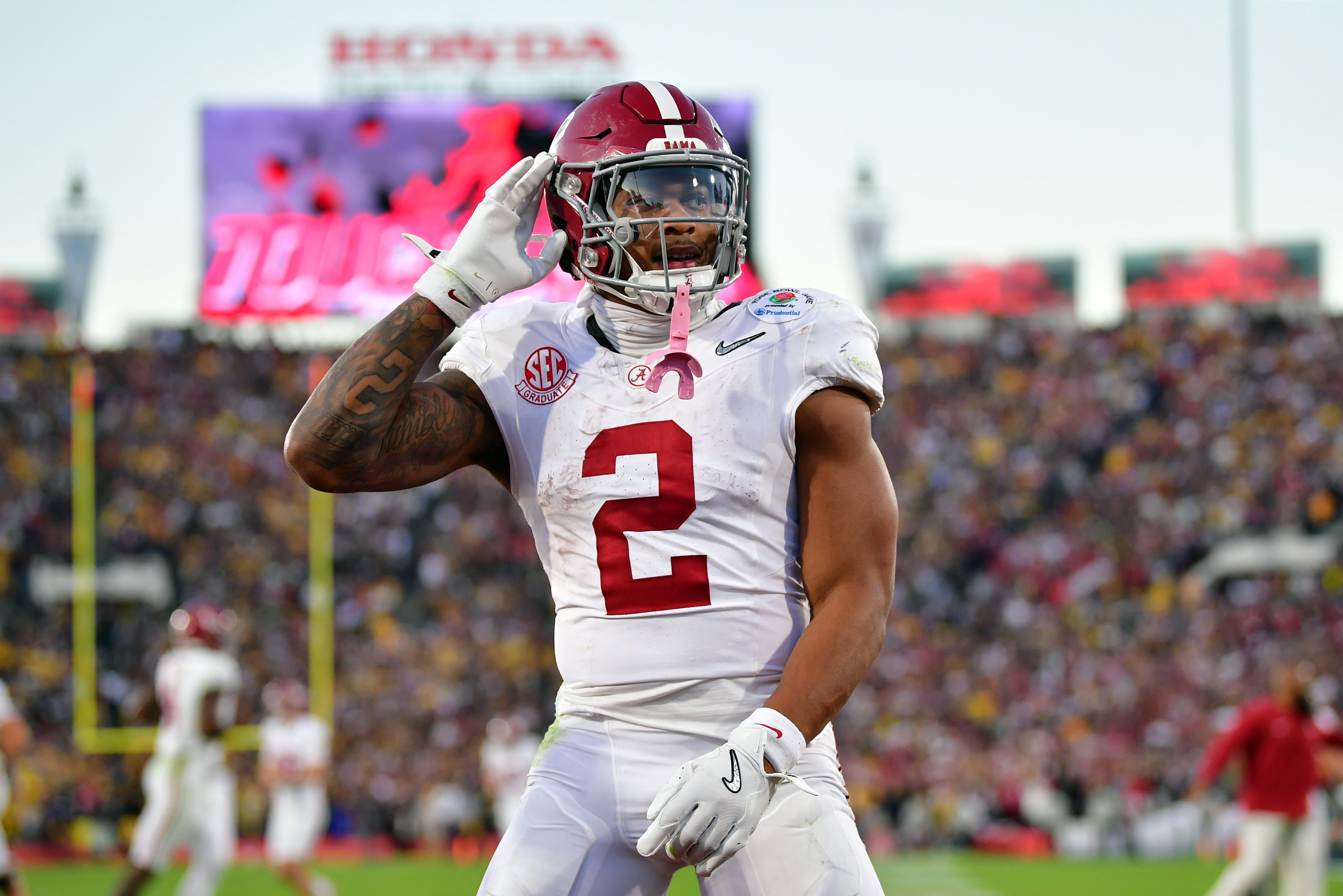 Jan 1, 2024; Pasadena, CA, USA; Alabama Crimson Tide running back Jase McClellan (2) celebrates after scoring a touchdown against the Michigan Wolverines in the fourth quarter in the 2024 Rose Bowl college football playoff semifinal game at Rose Bowl. Mandatory Credit: Gary A. Vasquez-USA TODAY Sports