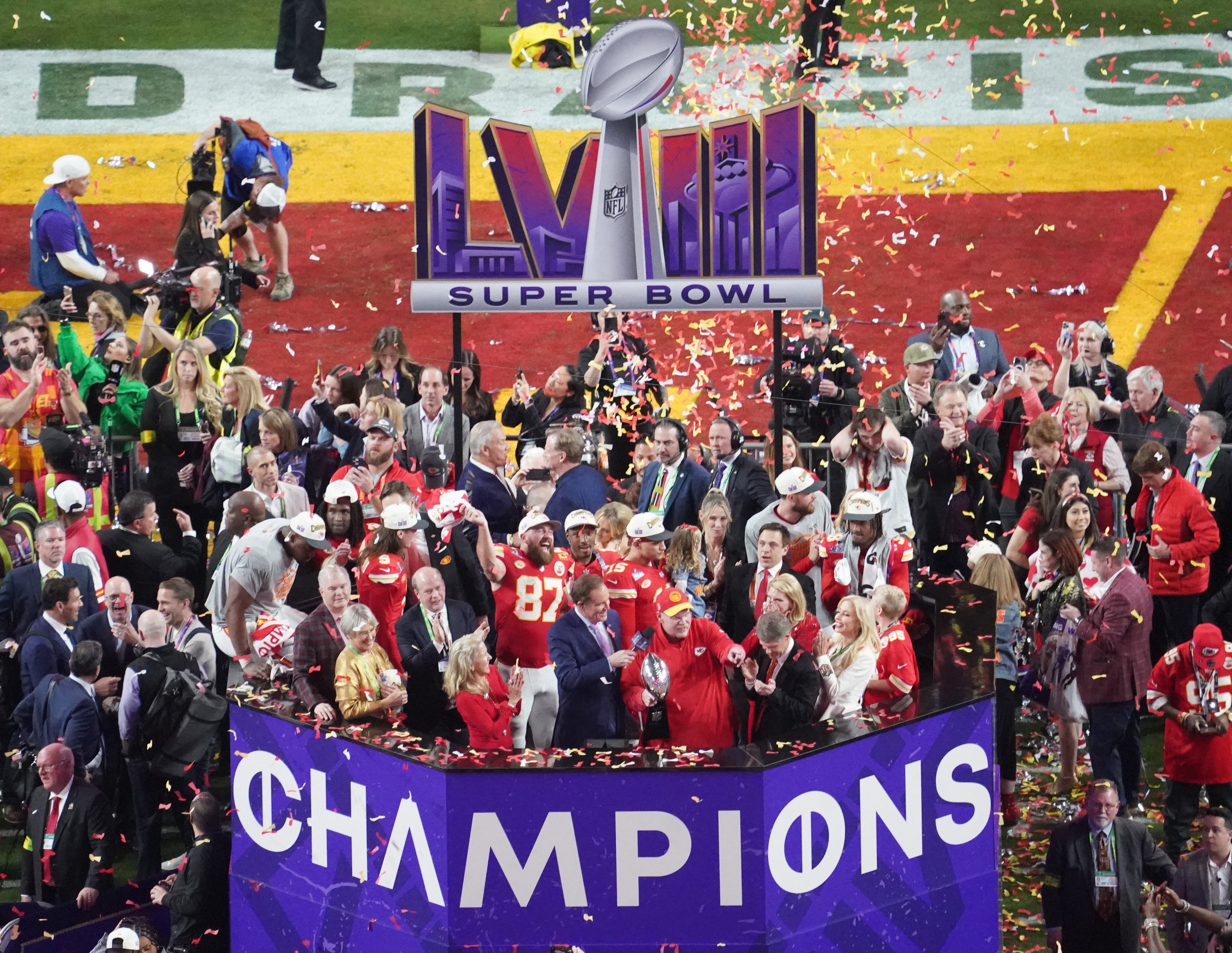 Feb 11, 2024; Paradise, Nevada, USA; Kansas City Chiefs head coach Andy Reid holds the Lombardi Trophy after defeating the San Francisco 49ers in Super Bowl LVIII Allegiant Stadium.