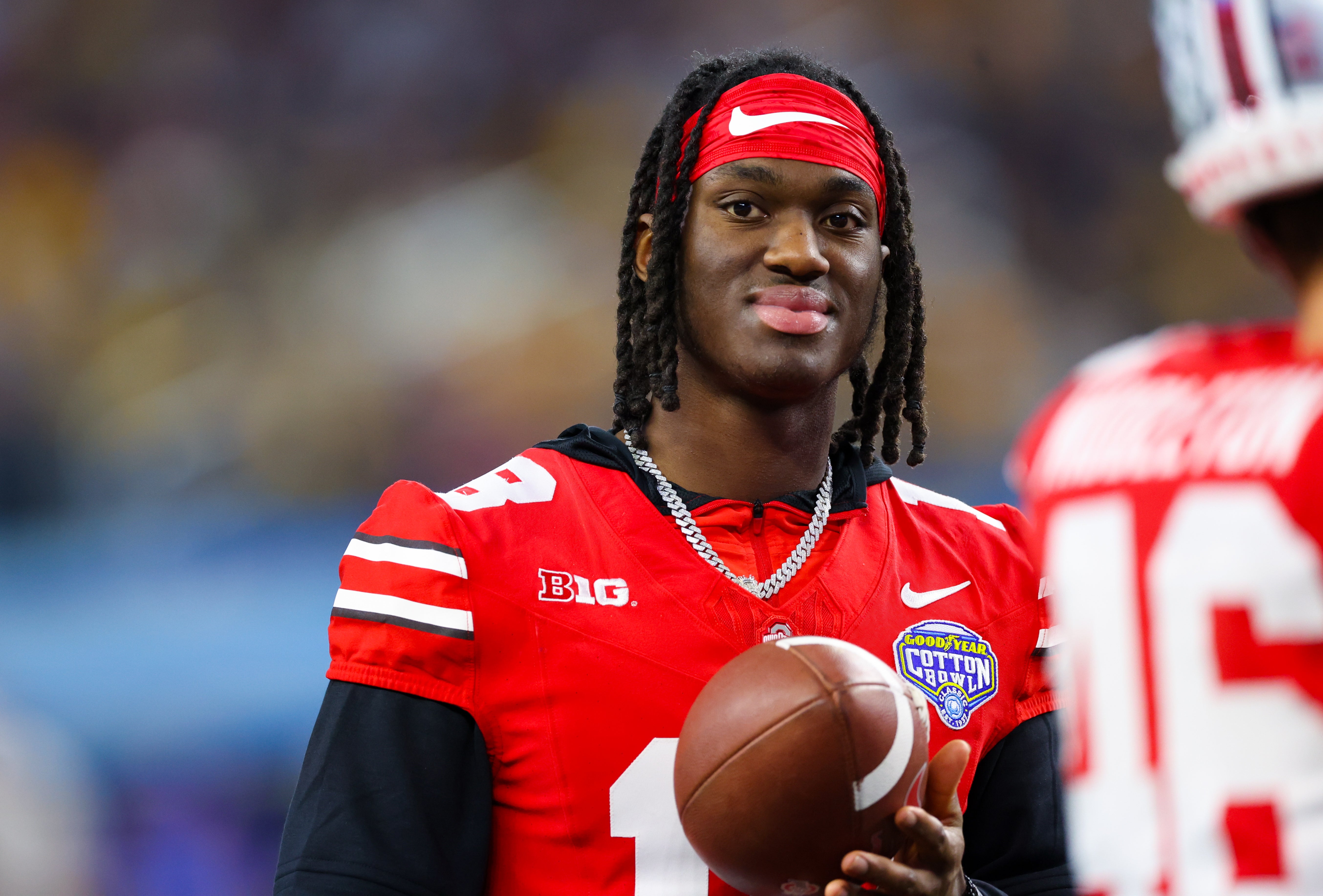 Dec 29, 2023; Arlington, TX, USA; Ohio State Buckeyes wide receiver Marvin Harrison Jr. (18) looks on during the second half against the Missouri Tigers at AT&T Stadium.