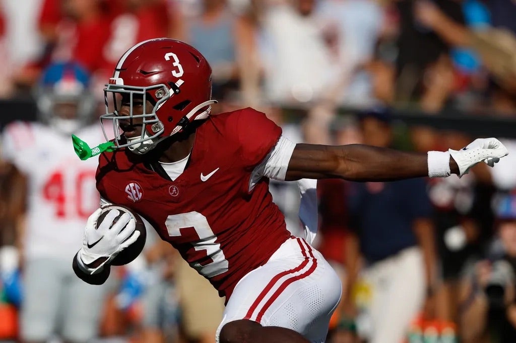 Alabama Crimson Tide defensive back Terrion Arnold (3) carries the ball after an interception against the Mississippi Rebels during the second half of a football game at Bryant-Denny Stadium.