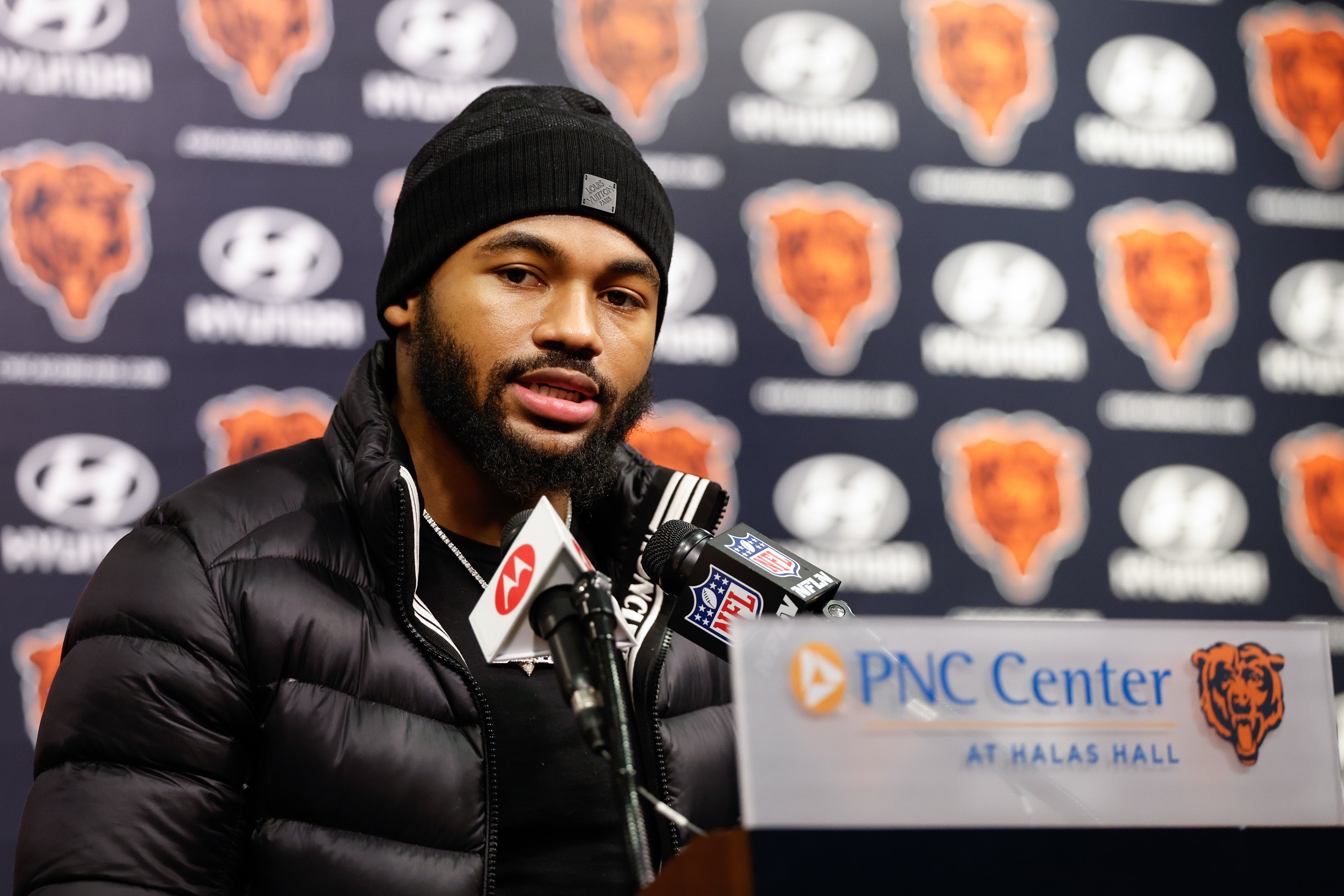 Mar 14, 2024; Lake Forest, IL, USA; Chicago Bears running back D'Andre Swift speaks during a press conference at Halas Hall.