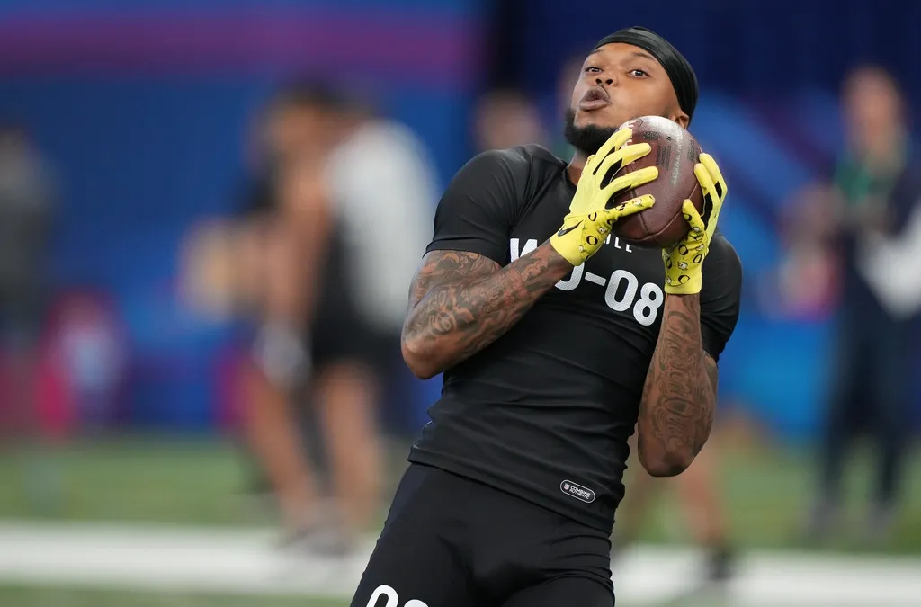 Oregon wide receiver Troy Franklin (WO08) during the 2024 NFL Combine at Lucas Oil Stadium.