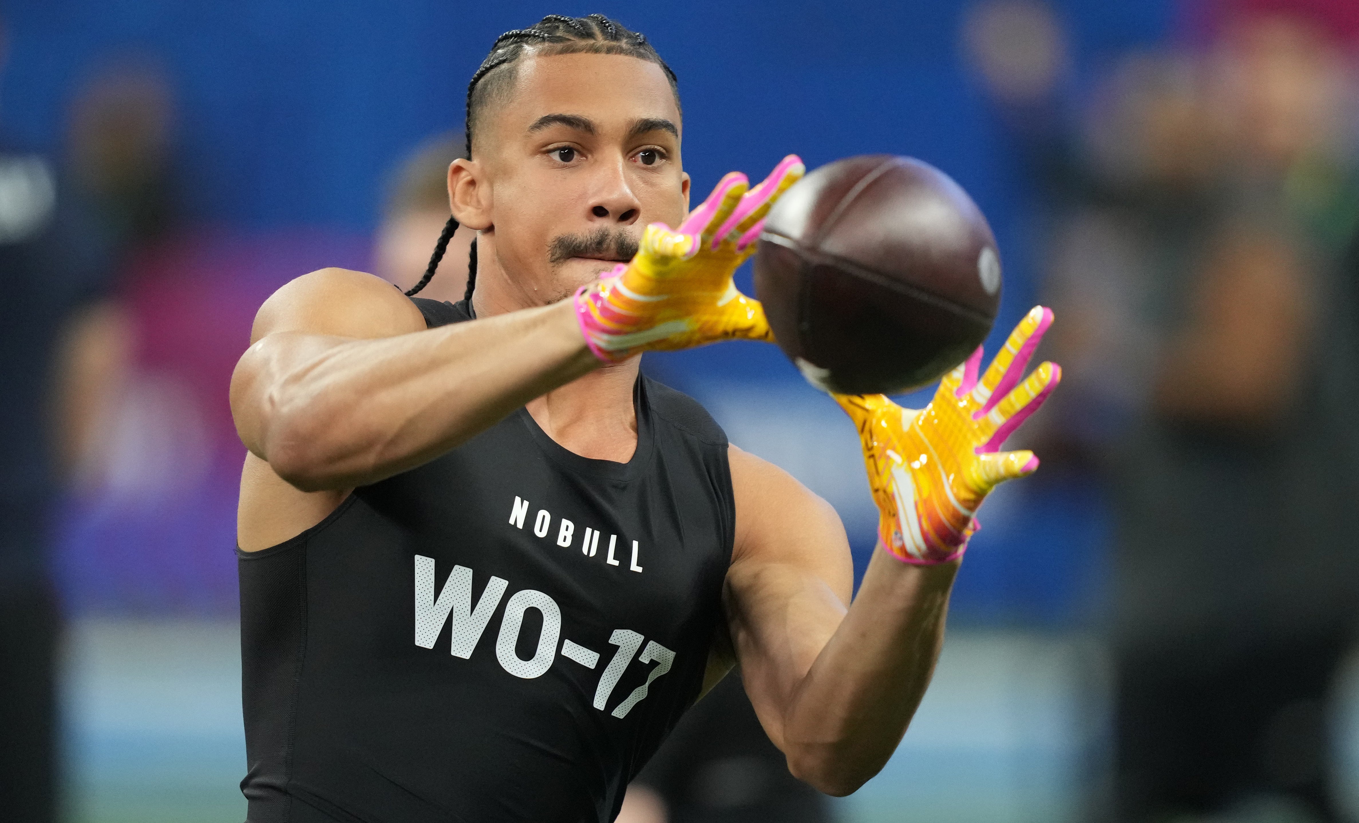 Washington wide receiver Jalen McMillan (WO17) during the 2024 NFL Combine at Lucas Oil Stadium. Kirby Lee-USA TODAY Sports