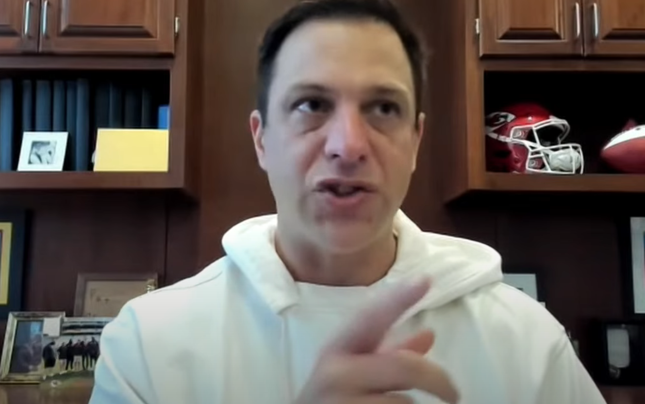 Brett Veach points at something during his pre-draft press conference.