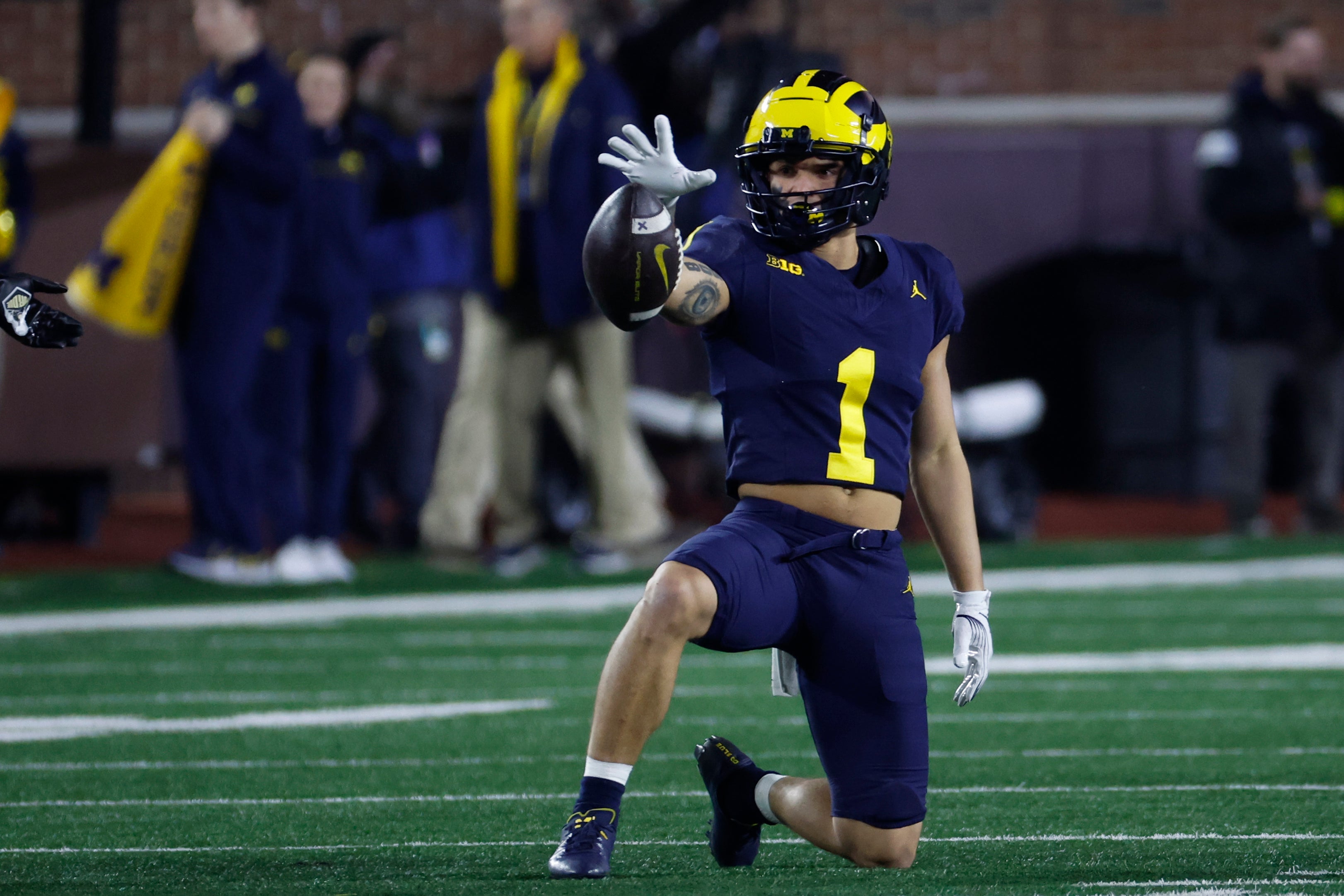 Nov 4, 2023; Ann Arbor, Michigan, USA; Michigan Wolverines wide receiver Roman Wilson (1) celebrates during the first half against the Purdue Boilermakers in the first half against the Purdue Boilermakers at Michigan Stadium.
