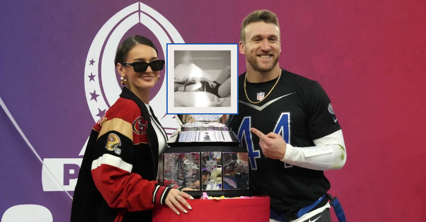Feb 5, 2023; Paradise, Nevada, USA; NFC fullback Kyle Juszczyk of the San Francisco 49ers (44) and wife Kristin Juszcyk pose with trophy during the Pro Bowl Games at Allegiant Stadium.