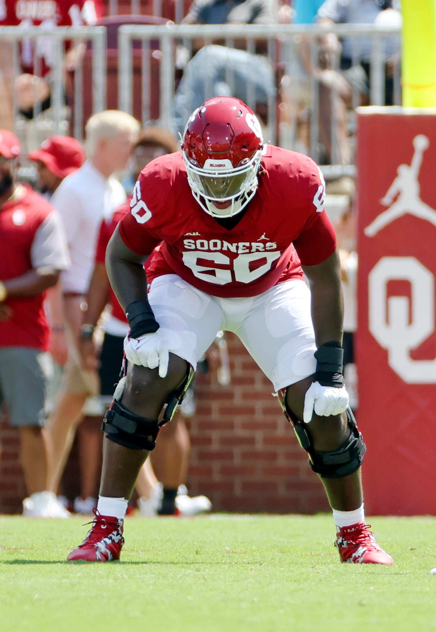 Sep 3, 2022; Norman, Oklahoma, USA; Oklahoma Sooners offensive lineman Tyler Guyton (60) in action during the game against the UTEP Miners at Gaylord Family-Oklahoma Memorial Stadium. Mandatory Credit: Kevin Jairaj-USA TODAY Sports
