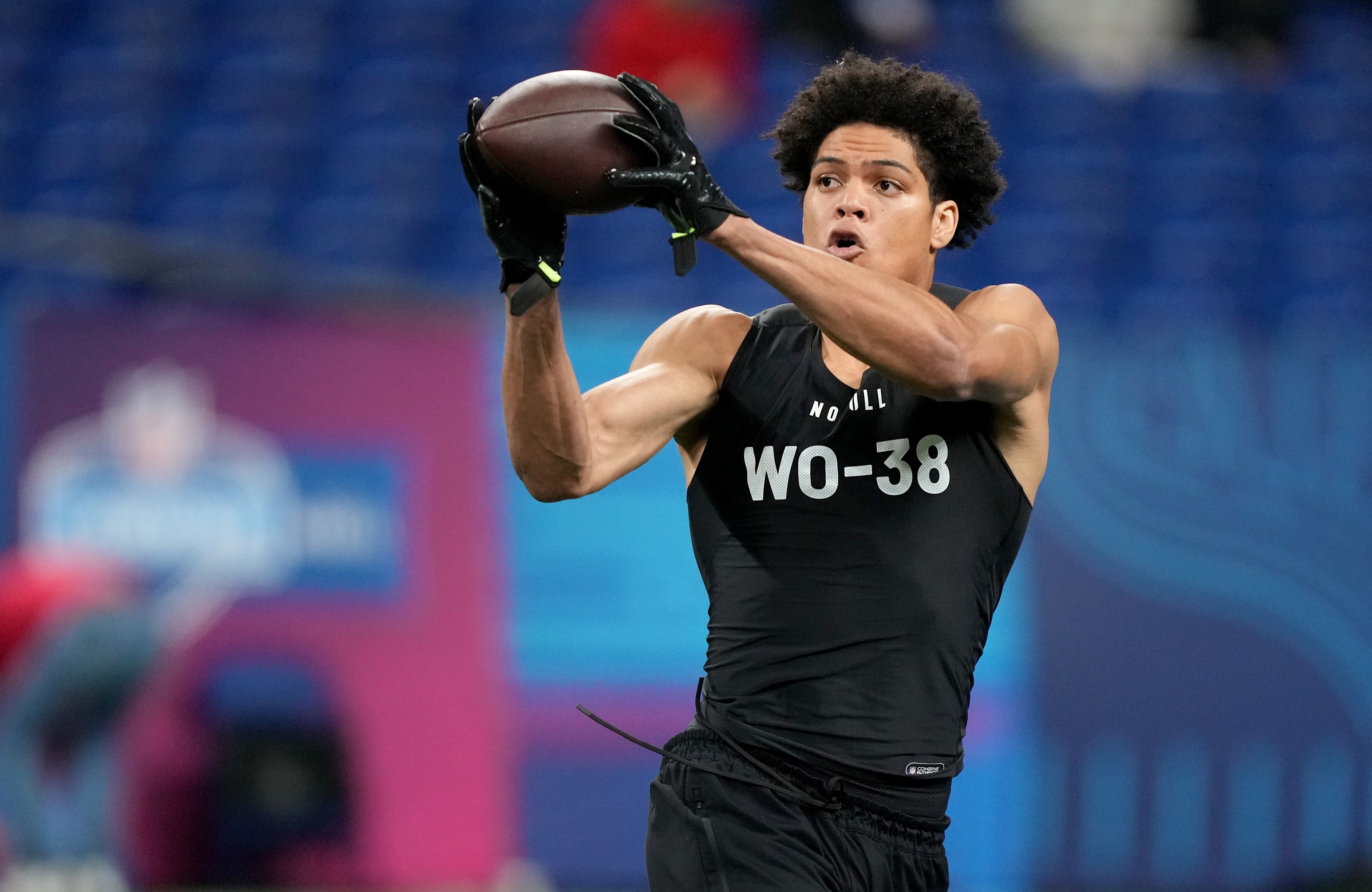 Mar 2, 2024; Indianapolis, IN, USA; Florida State wide receiver Johnny Wilson (WO38) during the 2024 NFL Combine at Lucas Oil Stadium.