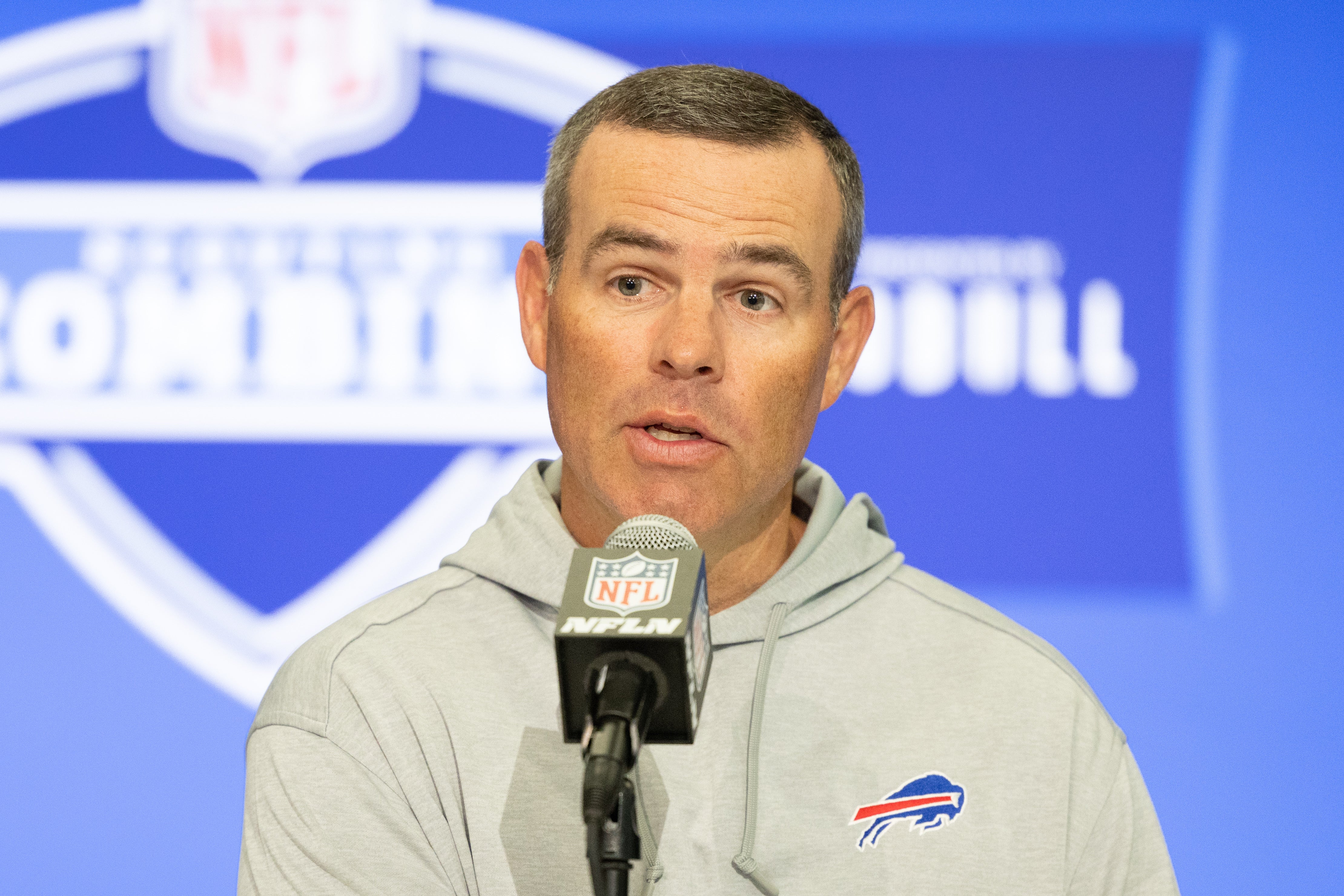 Feb 27, 2024; Indianapolis, IN, USA; Buffalo Bills general manager Brandon Beane talks to the media at the 2024 NFL Combine at Indiana Convention Center.