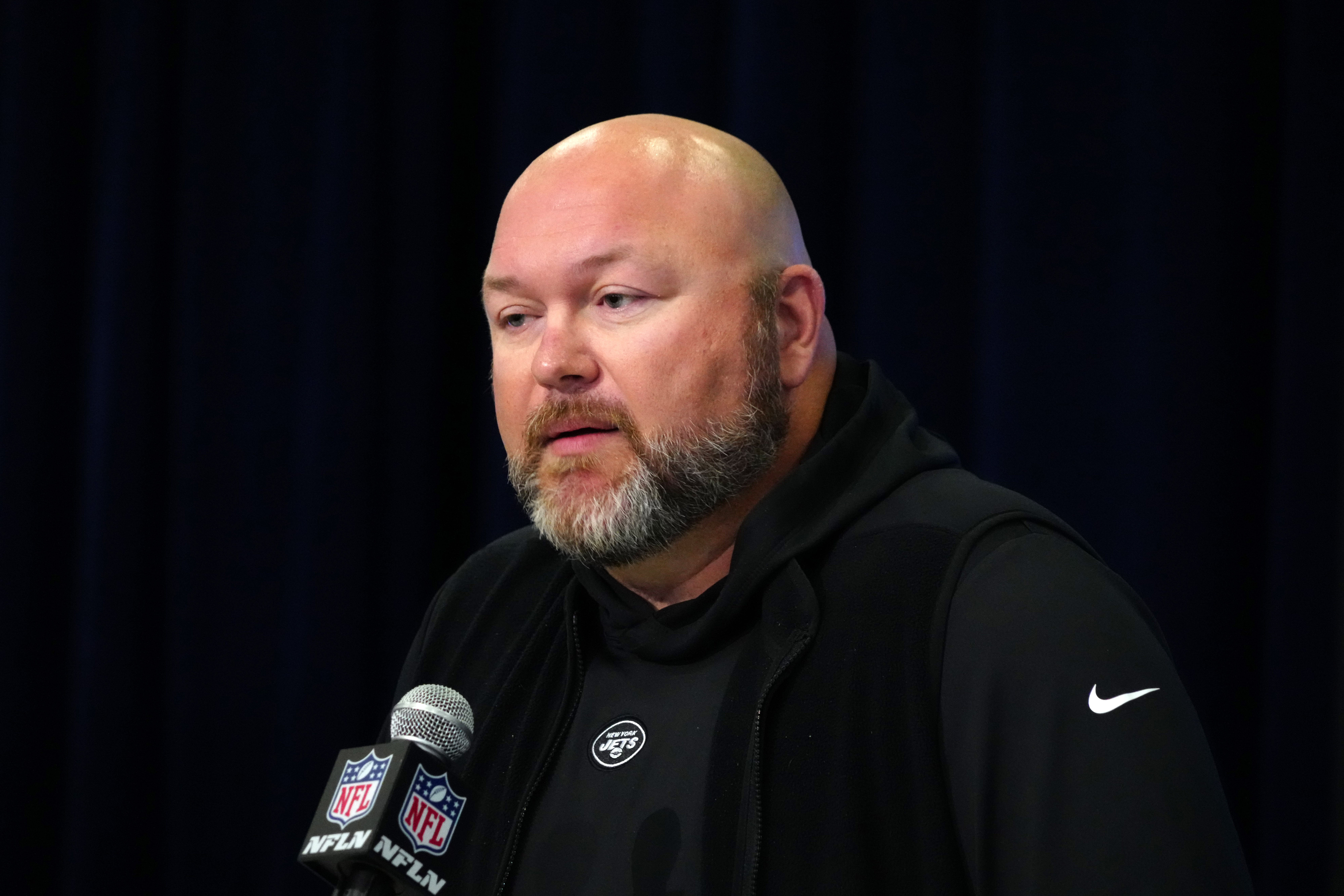 New York Jets general manager Joe Douglas speaks at a press conference at the NFL Scouting Combine at Indiana Convention Center.
