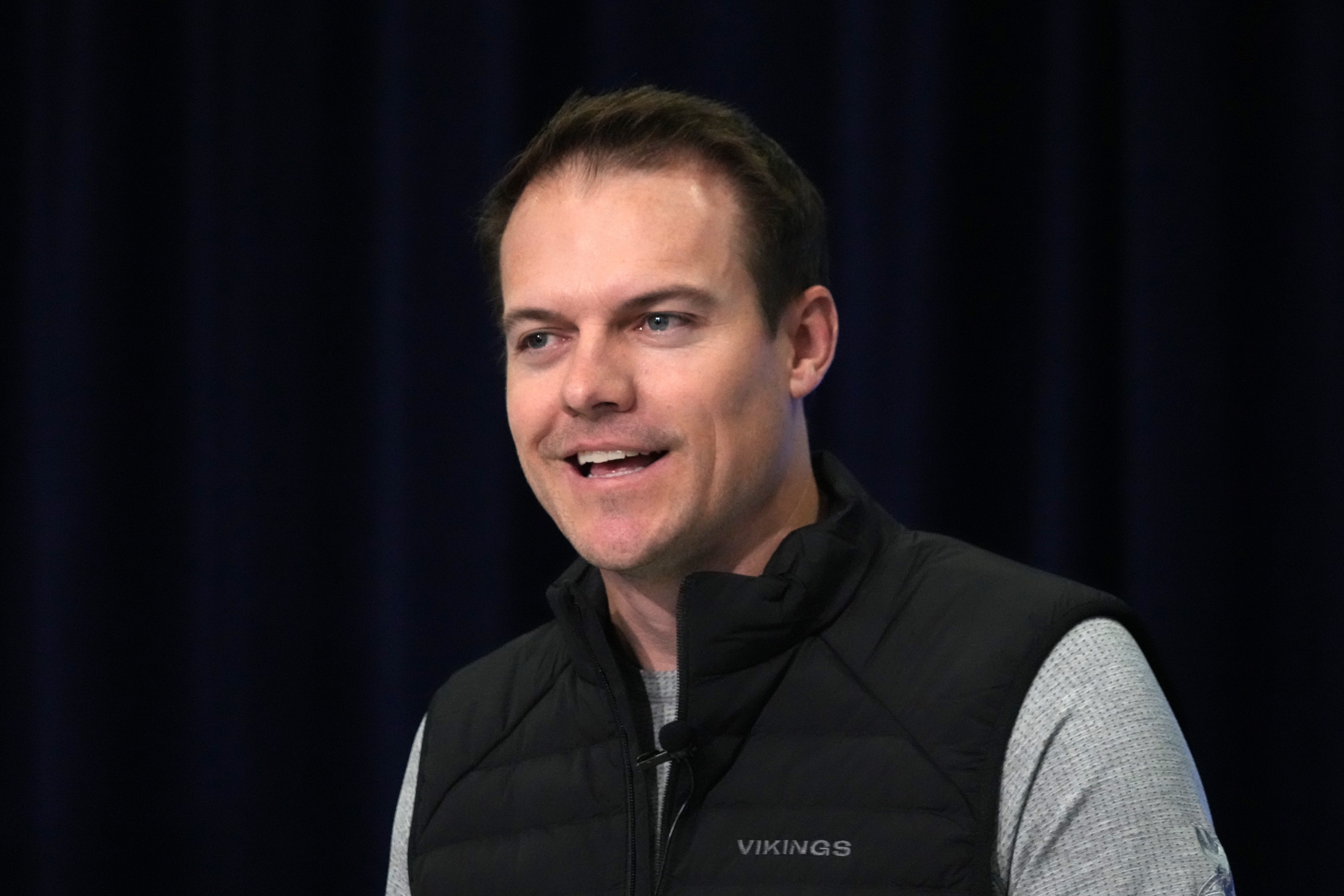 Feb 27, 2024; Indianapolis, IN, USA; Minnesota Vikings head coach Kevin O'Connell speaks during a press conference at the NFL Scouting Combine at Indiana Convention Center.