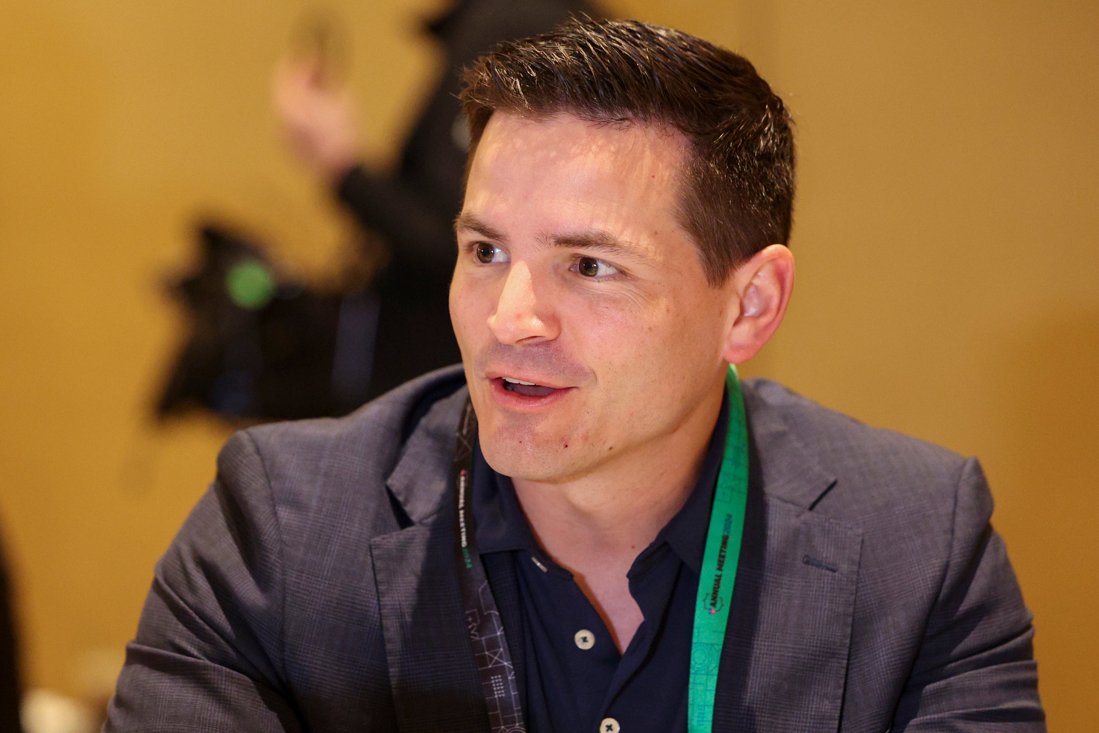 Mar 26, 2024; Orlando, FL, USA; Seattle Seahawks head coach Mike Macdonald speaks to the media during the NFL annual league meetings at the JW Marriott.