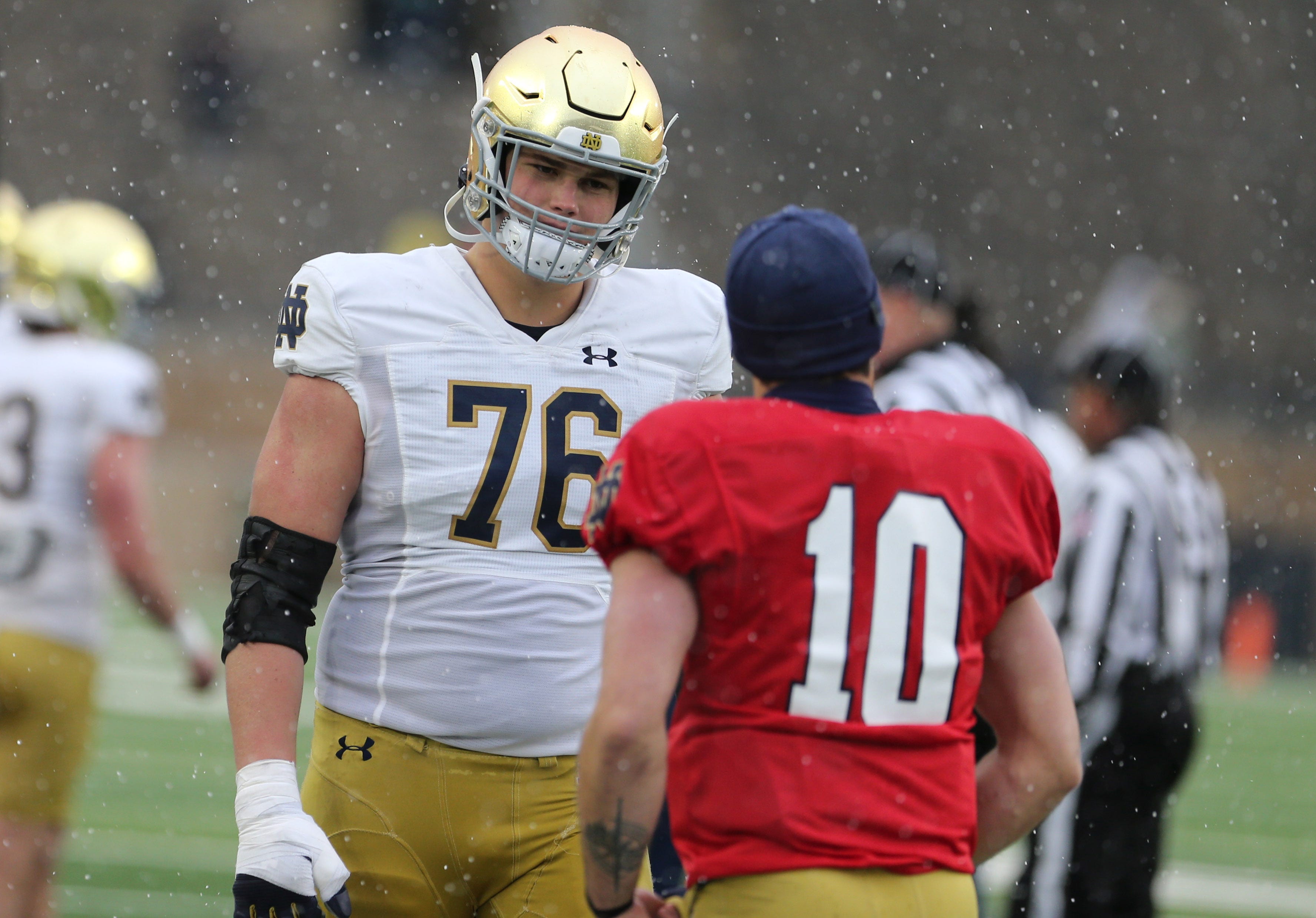 Notre Dame offensive lineman Joe Alt (76) talks on the sidelines with quarterback Sam Hartman (10) during the Notre Dame Blue-Gold Spring Football game on Saturday, April 22, 2023, at Notre Dame Stadium in South Bend. Nd Football Blue Gold Game