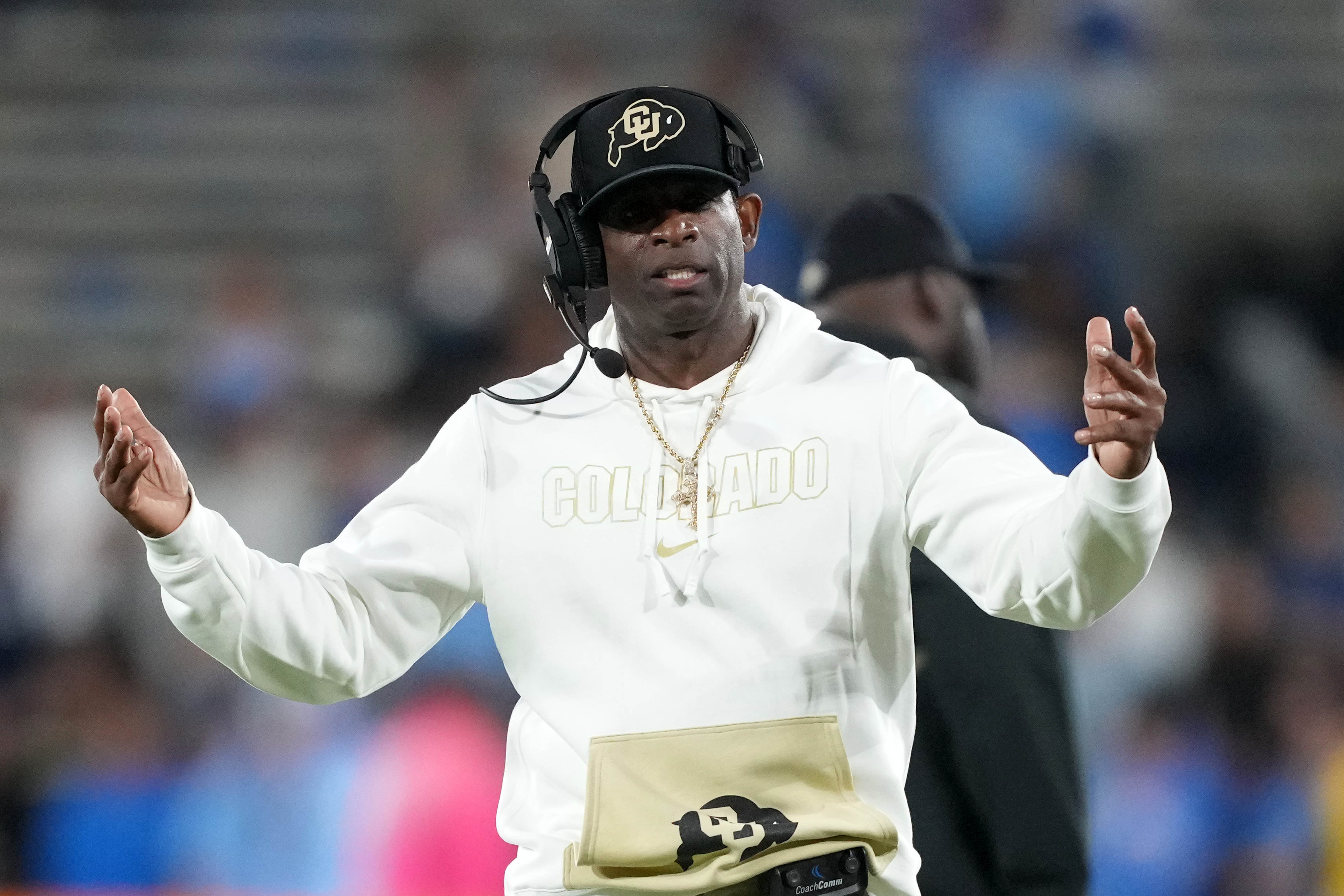 Oct 28, 2023; Pasadena, California, USA; Colorado Buffaloes head coach Deion Sanders reacts against the UCLA Bruins.