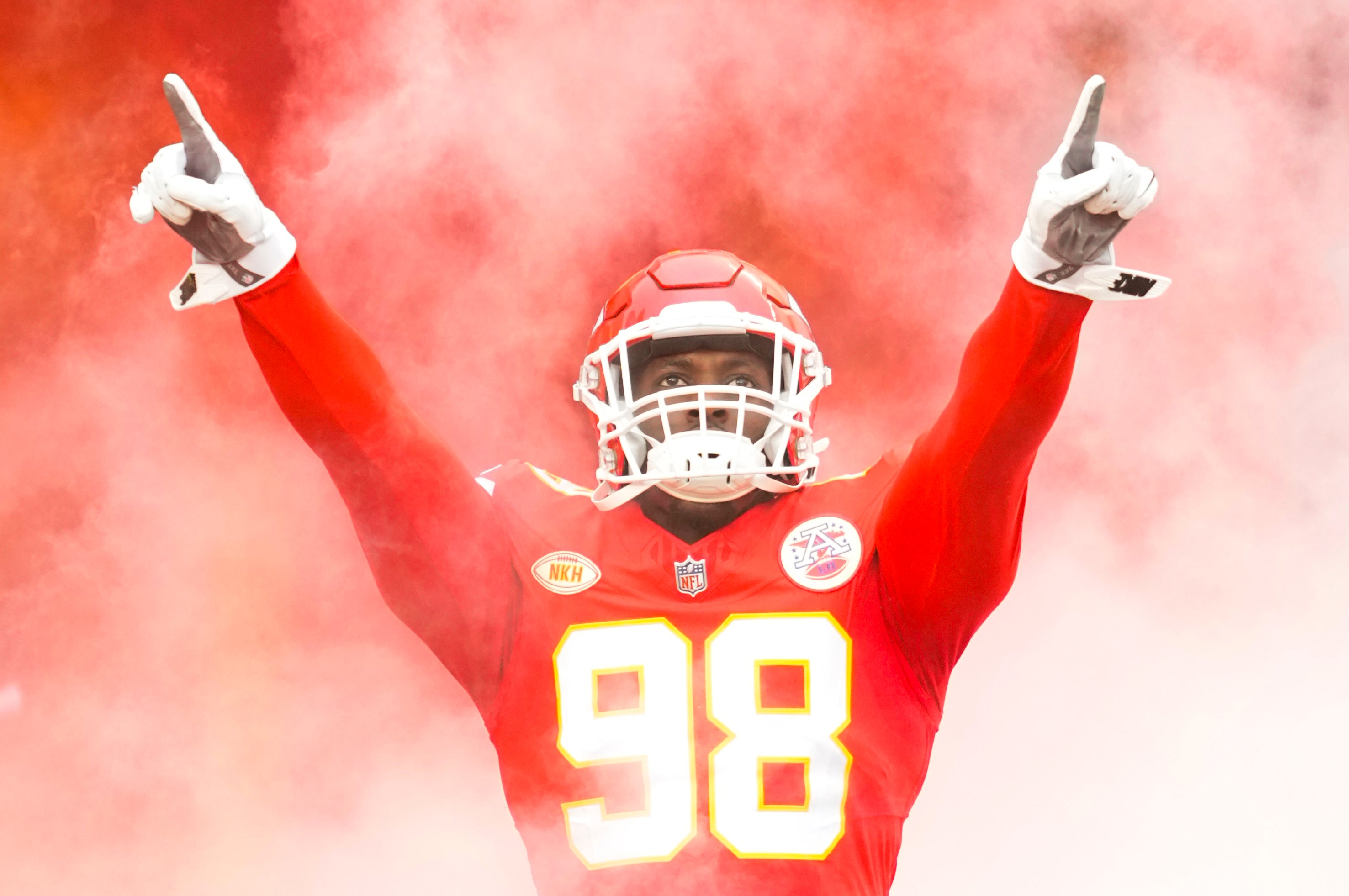 Dec 25, 2023; Kansas City, Missouri, USA; Kansas City Chiefs defensive tackle Tershawn Wharton (98) takes the field prior to a game against the Las Vegas Raiders at GEHA Field at Arrowhead Stadium.