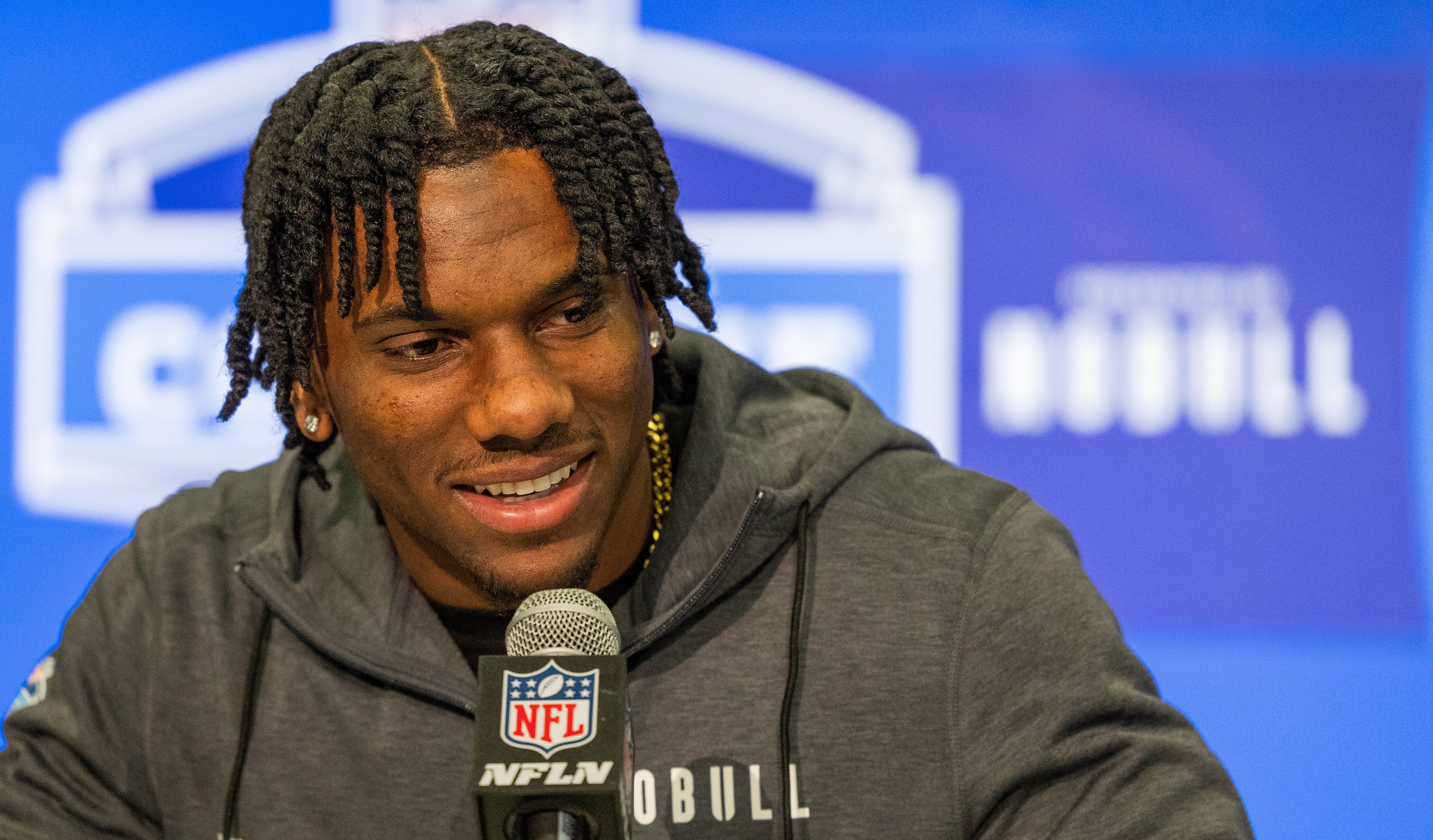 Louisiana State wide receiver Malik Nabers (WO21) talks to the media during the 2024 NFL Combine at Lucas Oil Stadium. Trevor Ruszkowski-USA TODAY Sports