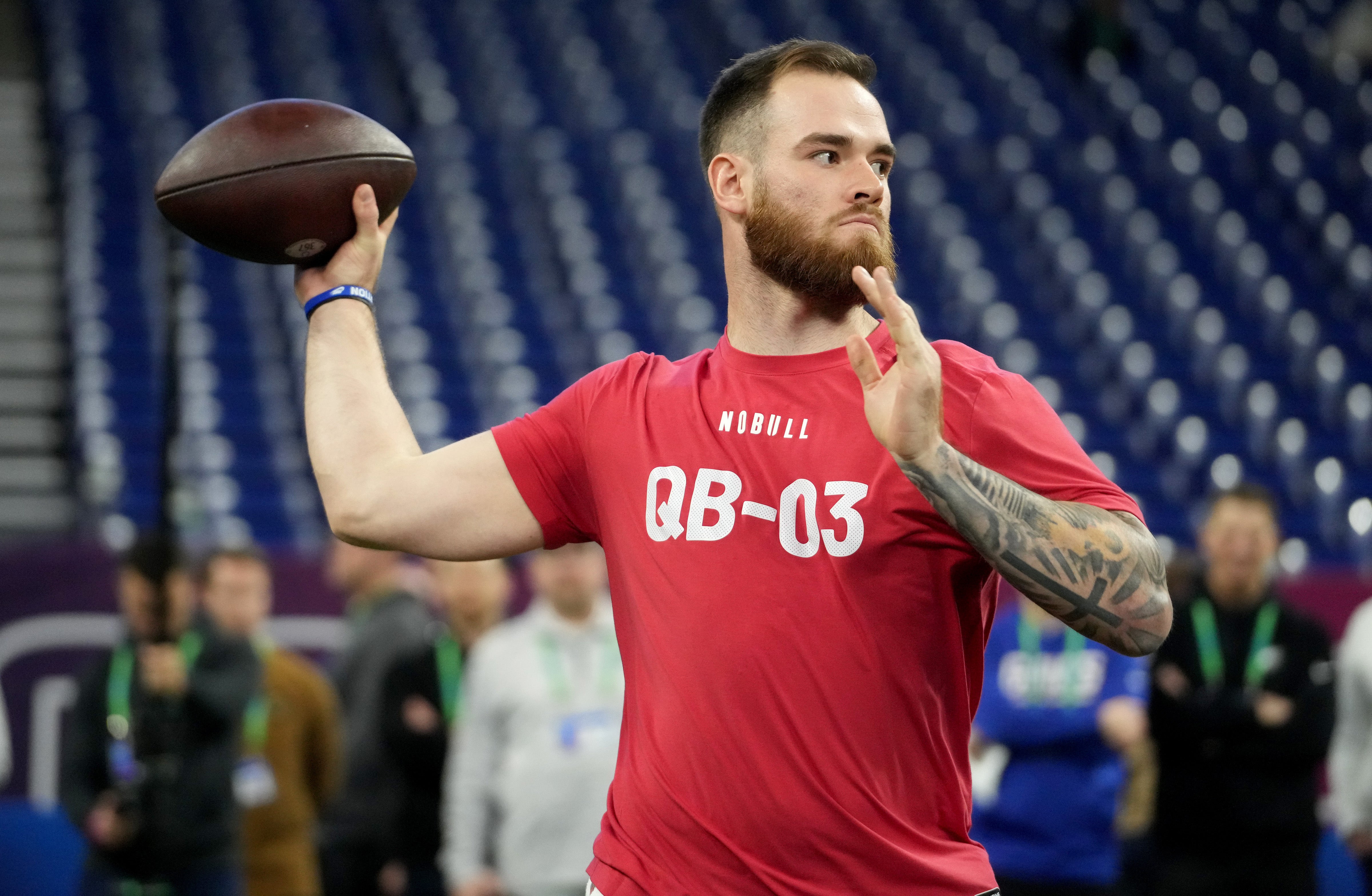 Mar 2, 2024; Indianapolis, IN, USA; Kentucky quarterback Devin Leary (QB03) during the 2024 NFL Combine at Lucas Oil Stadium.