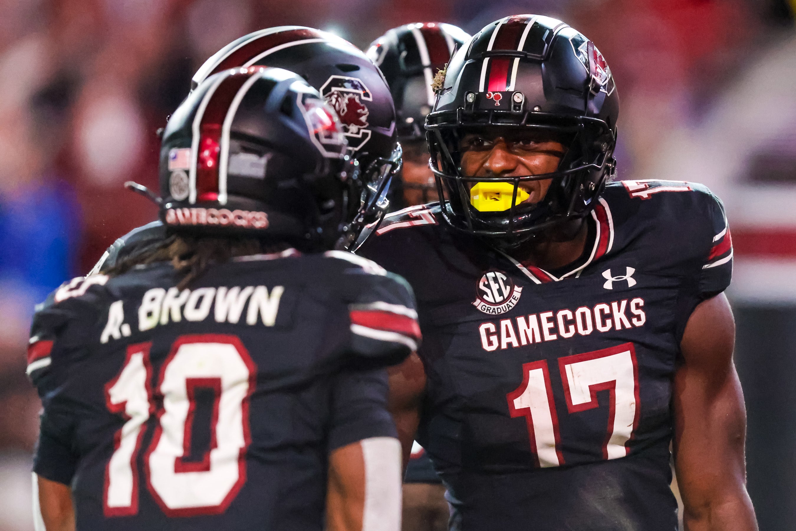 Nov 18, 2023; Columbia, South Carolina, USA; South Carolina Gamecocks wide receiver Xavier Legette (17) celebrates a touchdown reception against the Kentucky Wildcats with teammate wide receiver Ahmarean Brown (10) in the second half at Williams-Brice Stadium. Mandatory Credit: Jeff Blake-USA TODAY Sports Kentucky