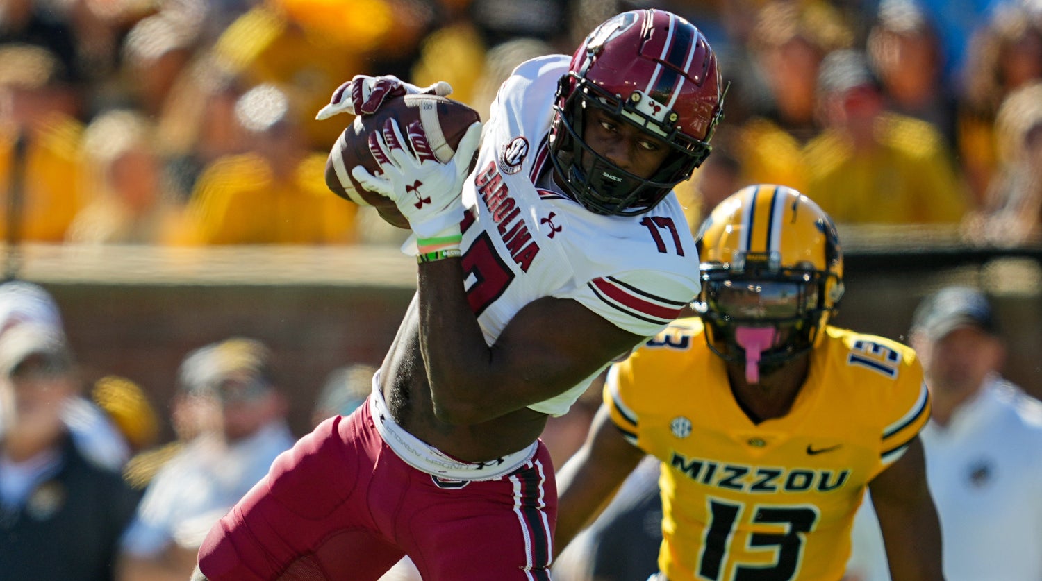 Oct 21, 2023; Columbia, Missouri, USA; South Carolina Gamecocks wide receiver Xavier Legette (17) catches a pass against Missouri Tigers defensive back Daylan Carnell (13) during the first half at Faurot Field at Memorial Stadium.