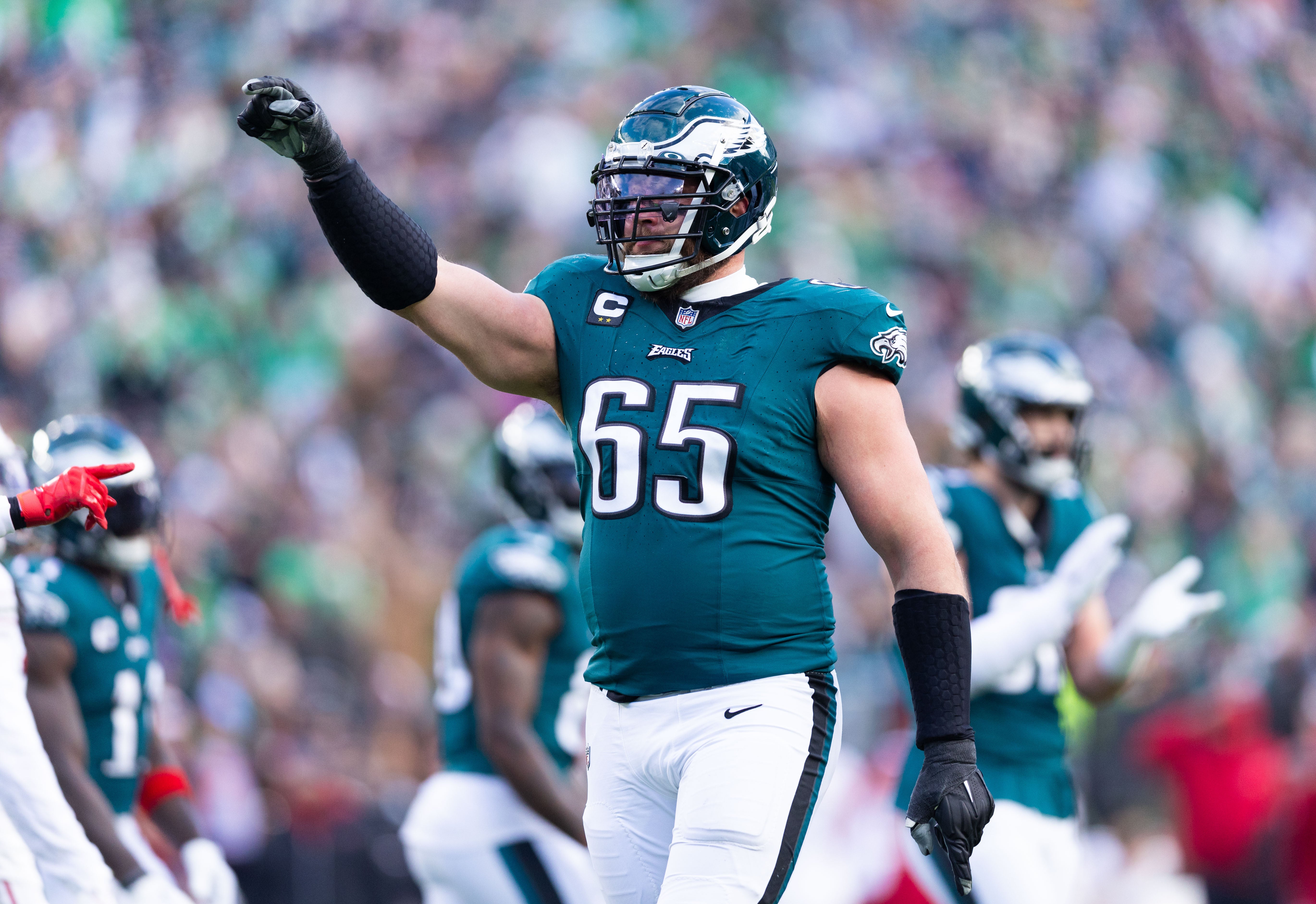 Dec 31, 2023; Philadelphia, Pennsylvania, USA; Philadelphia Eagles offensive tackle Lane Johnson (65) reacts against the Arizona Cardinals at Lincoln Financial Field.