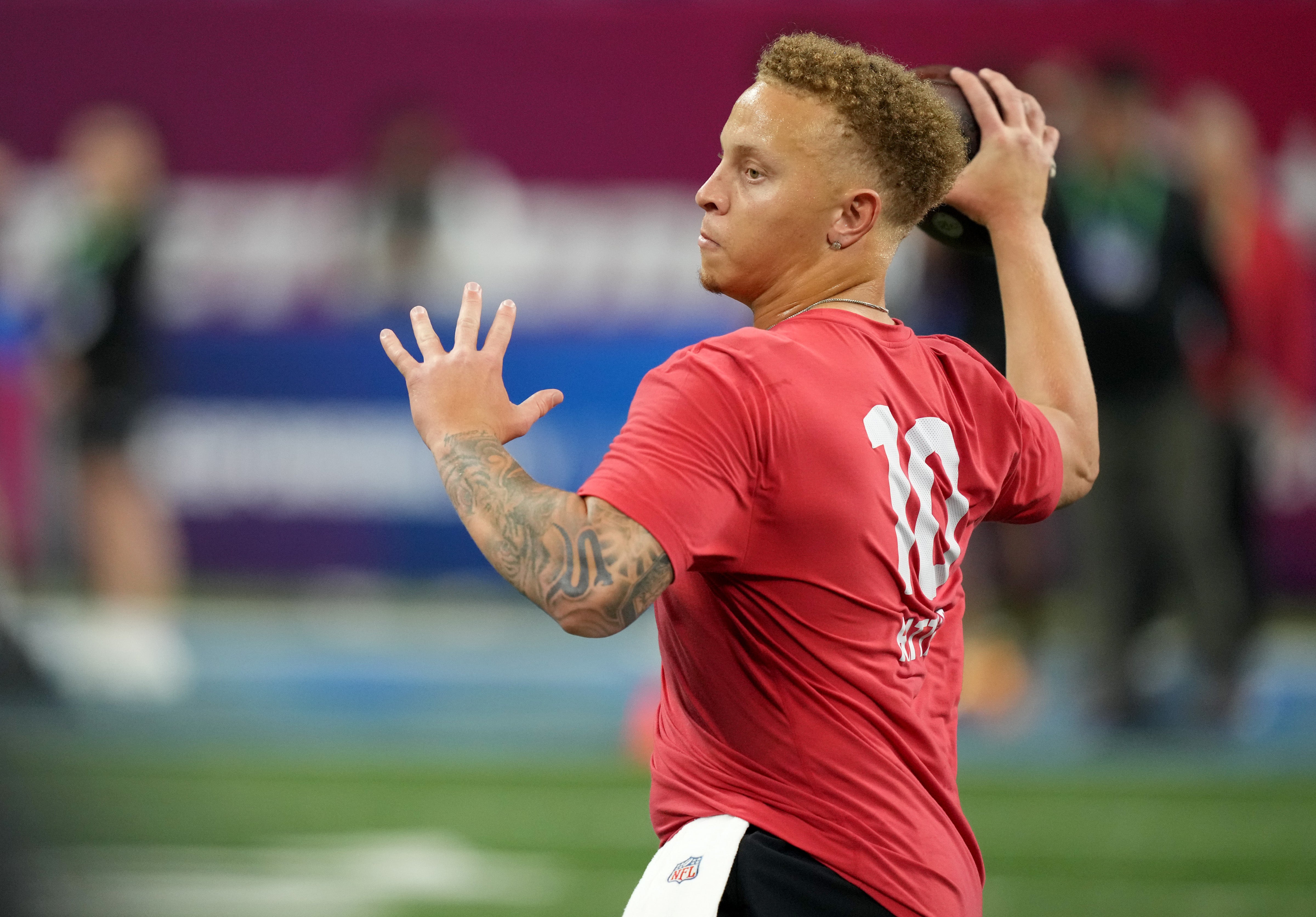 Mar 2, 2024; Indianapolis, IN, USA; South Carolina quarterback Spencer Rattler (QB10) during the 2024 NFL Combine at Lucas Oil Stadium.