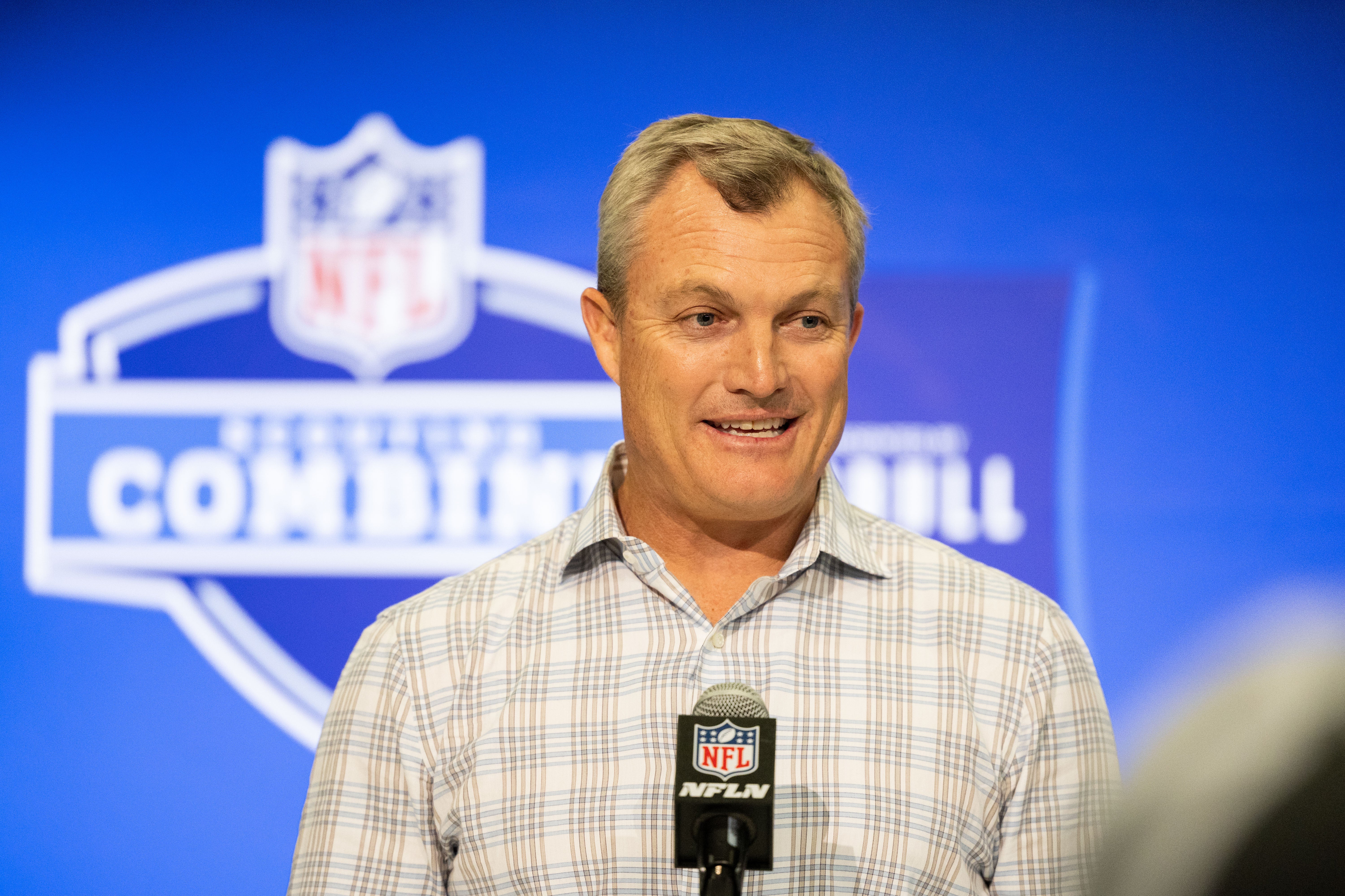 Feb 27, 2024; Indianapolis, IN, USA; San Francisco 49ers general manager John Lynch talks to the media at the 2024 NFL Combine at Indiana Convention Center.