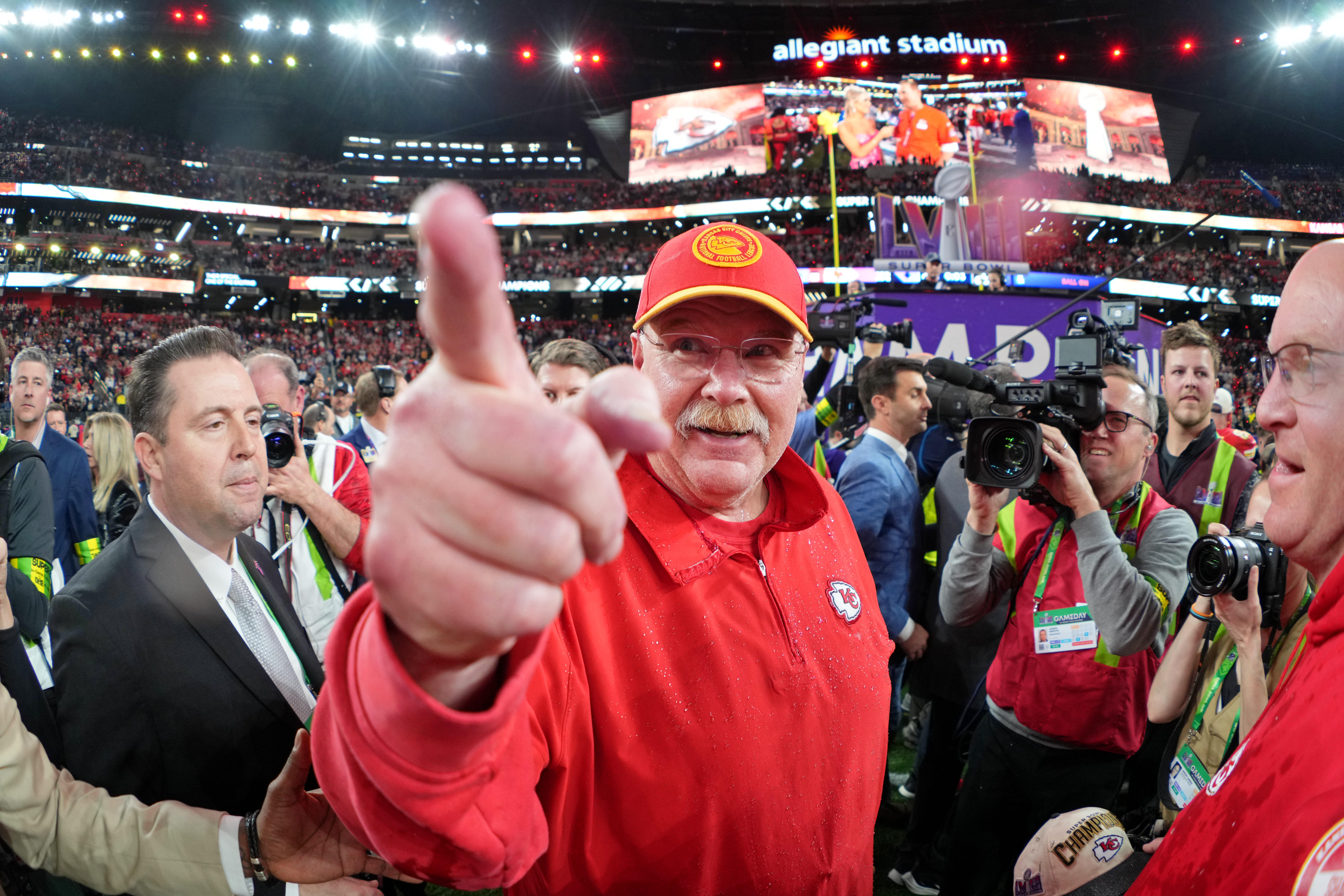 Chiefs head coach Andy Reid celebrates after winning Super Bowl LVIII against the San Francisco 49ers at Allegiant Stadium.