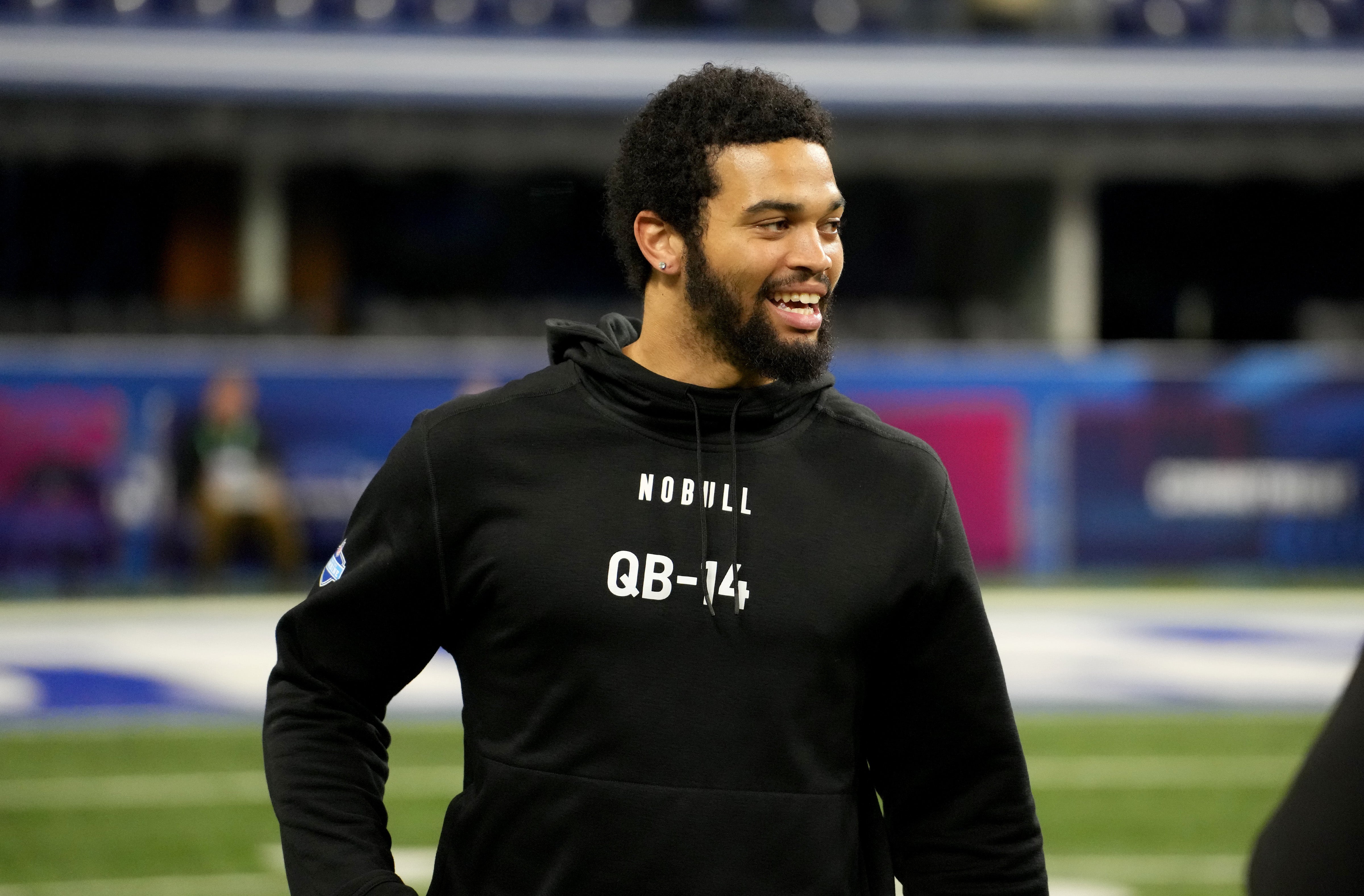 Mar 2, 2024; Indianapolis, IN, USA; Southern California quarterback Caleb Williams (QB14) during the 2024 NFL Combine at Lucas Oil Stadium.