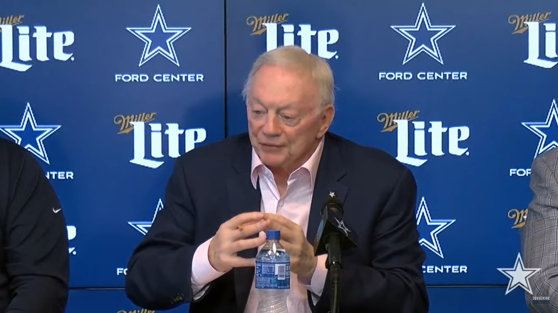 Dallas Cowboys owner Jerry Jones talks to the media leading up to 2024 NFL Draft about team's stance on Dak Prescott.