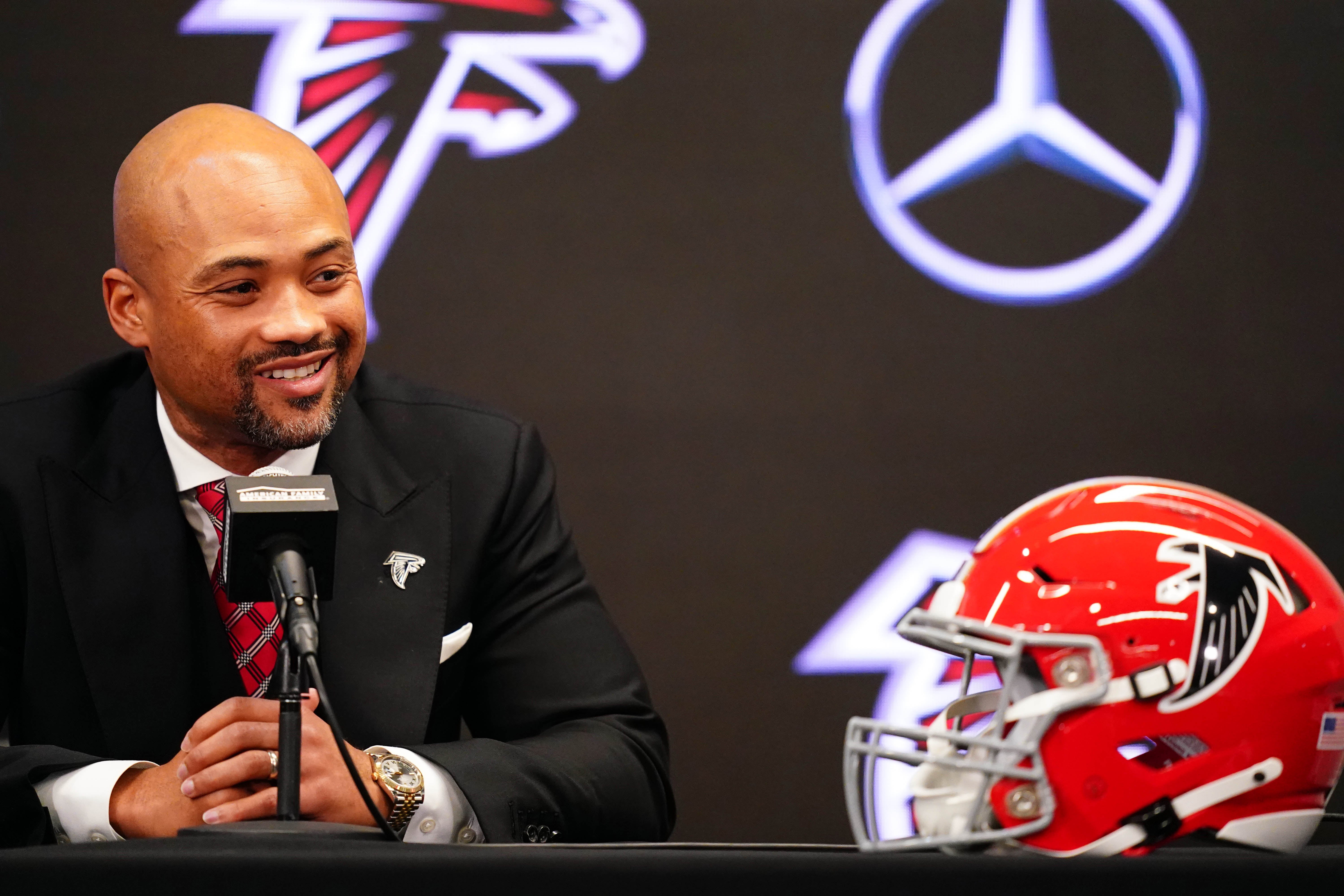 Atlanta Falcons general manager Terry Fontenot addresses the media as Raheem Morris is introduced as the new head coach of the Atlanta Falcons at Mercedes-Benz Stadium.