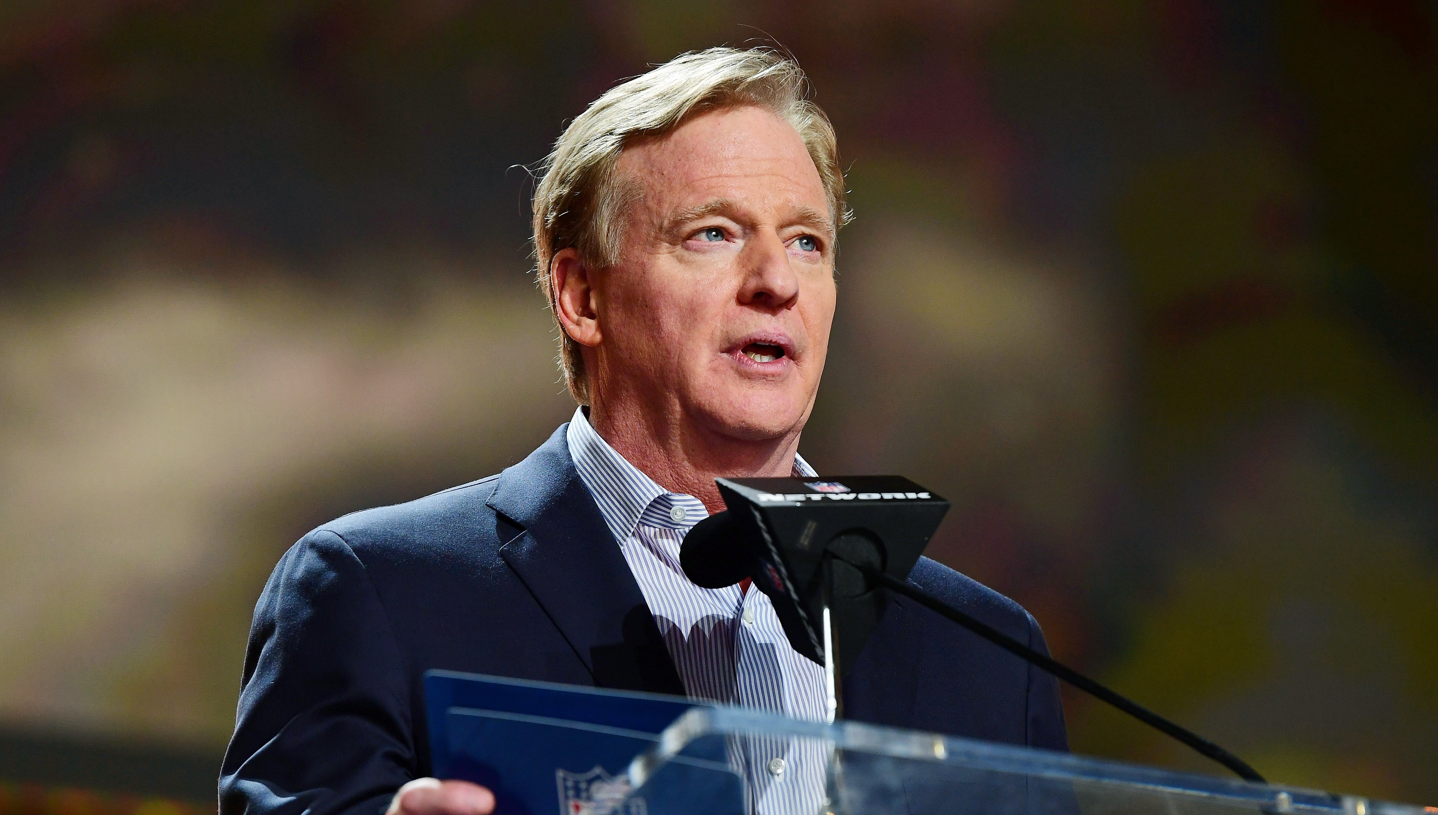 NFL commissioner Roger Goodell announces Northern Iowa offensive tackle Trevor Penning as the nineteenth overall pick to the New Orleans Saints during the first round of the 2022 NFL Draft at the NFL ... Gary Vasquez-USA TODAY Sports