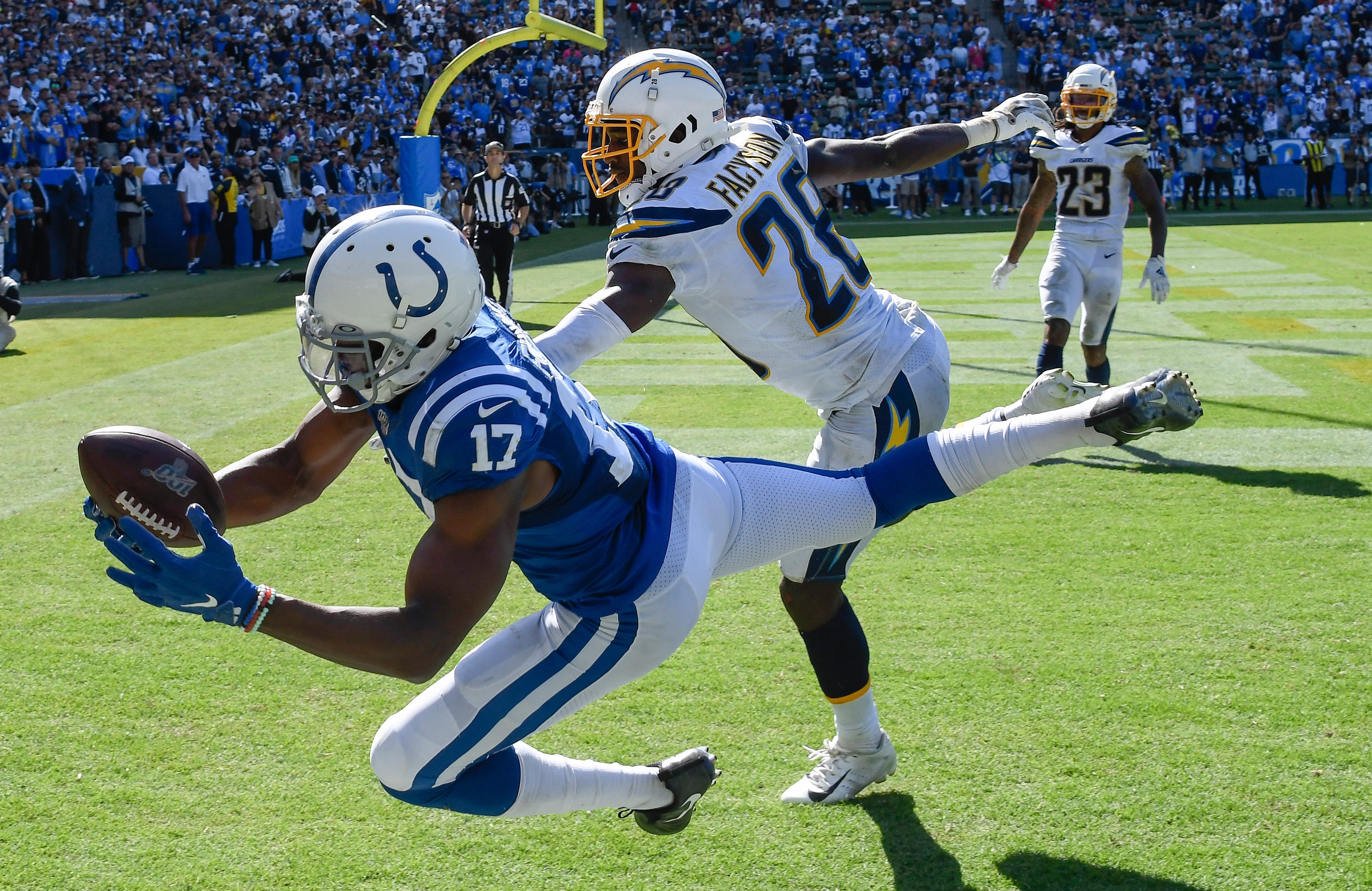 Sep 8, 2019; Carson, CA, USA; Indianapolis Colts wide receiver Devin Funchess (17) can t hang onto the ball on a pass I the end zone in the closing minute of regulation against the Los Angeles Chargers at Dignity Health Sports Park. Defending on the play is Los Angeles Chargers defensive back Brandon Facyson (28).