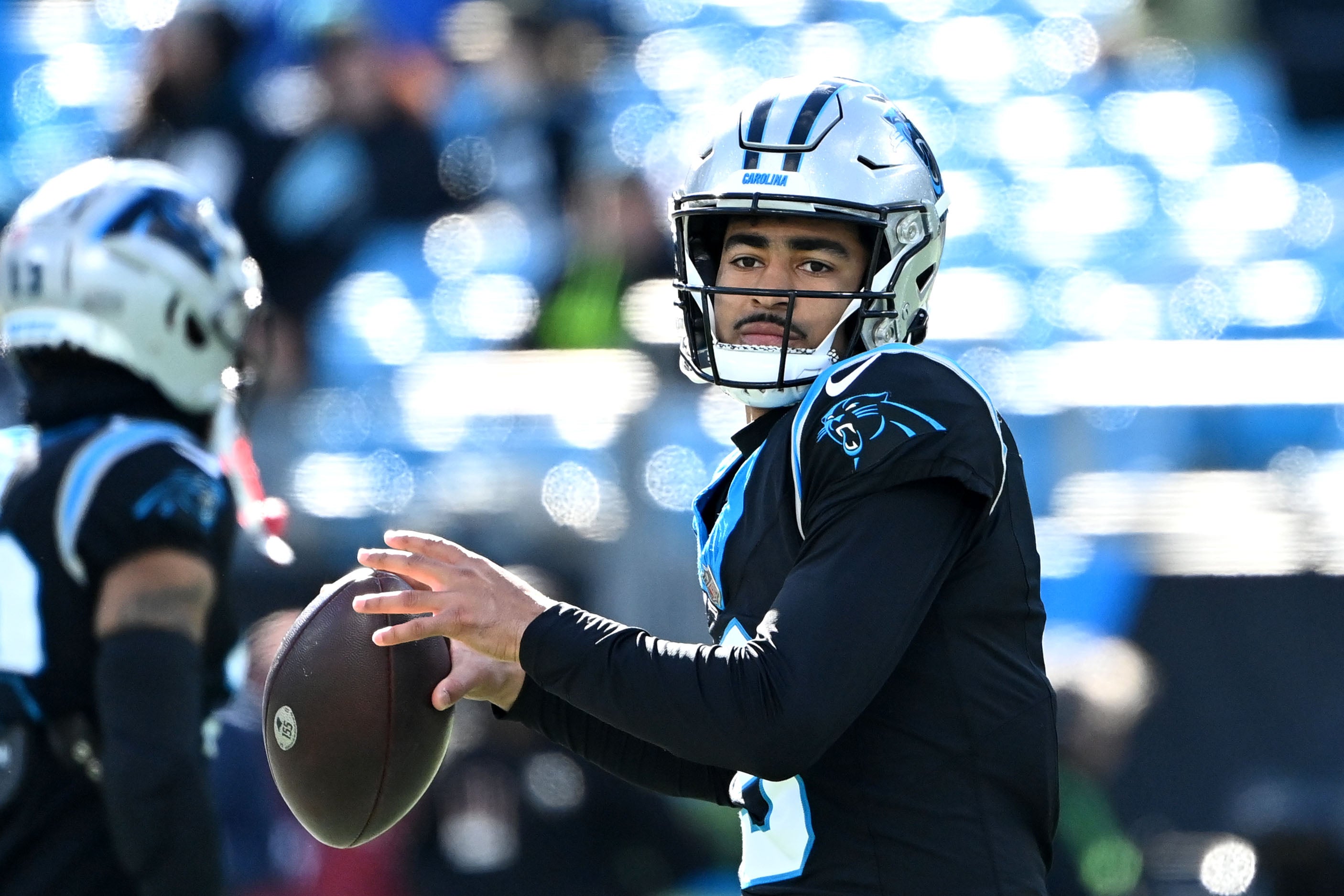 Jan 7, 2024; Charlotte, North Carolina, USA; Carolina Panthers quarterback Bryce Young (9) before the game at Bank of America Stadium. Mandatory Credit: Bob Donnan-USA TODAY Sports