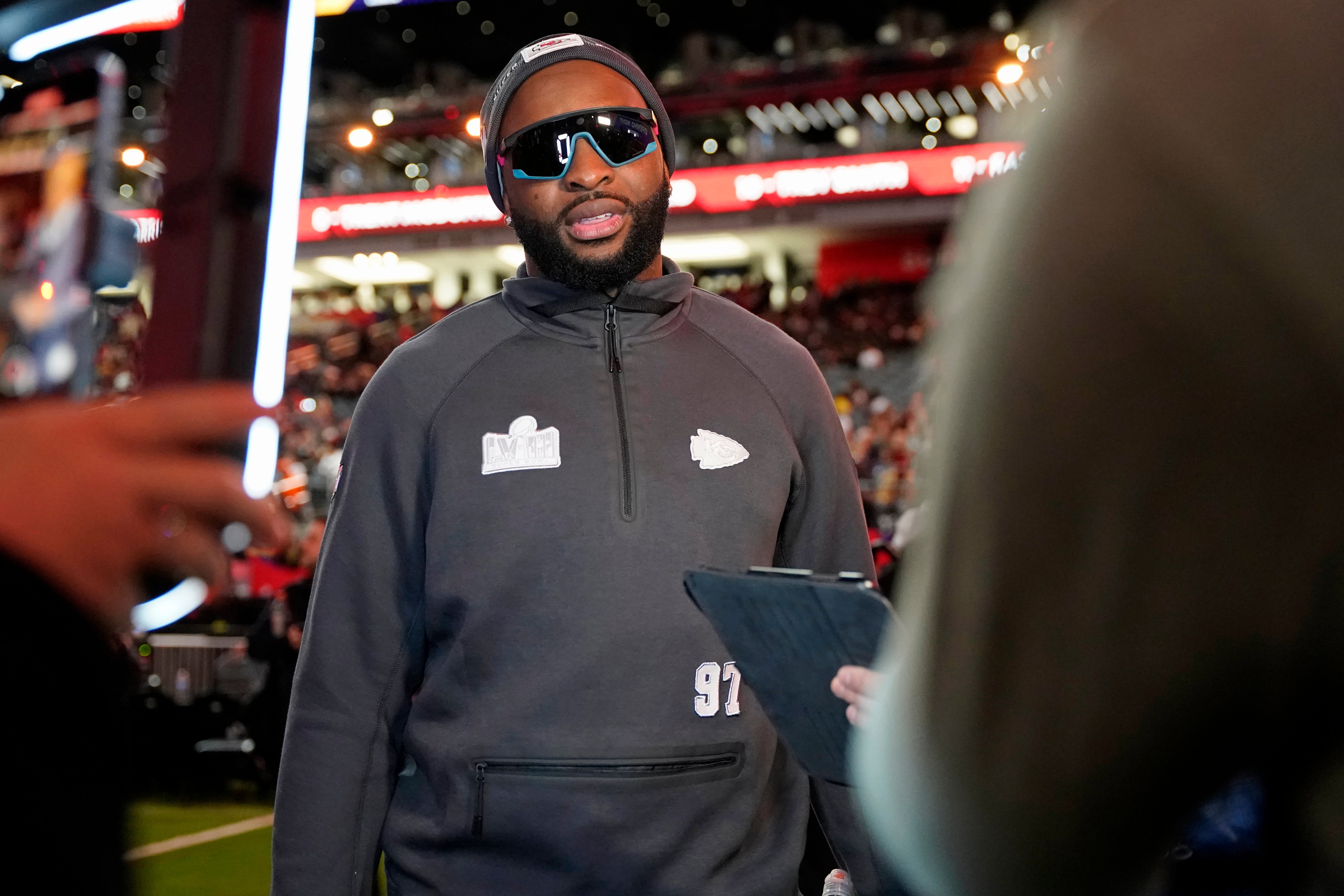 Feb 5, 2024; Las Vegas, NV, USA; Kansas City Chiefs defensive end Felix Anudike-Uzomah (97) talks to the media during Super Bowl LVIII Opening Night at Allegiant Stadium.