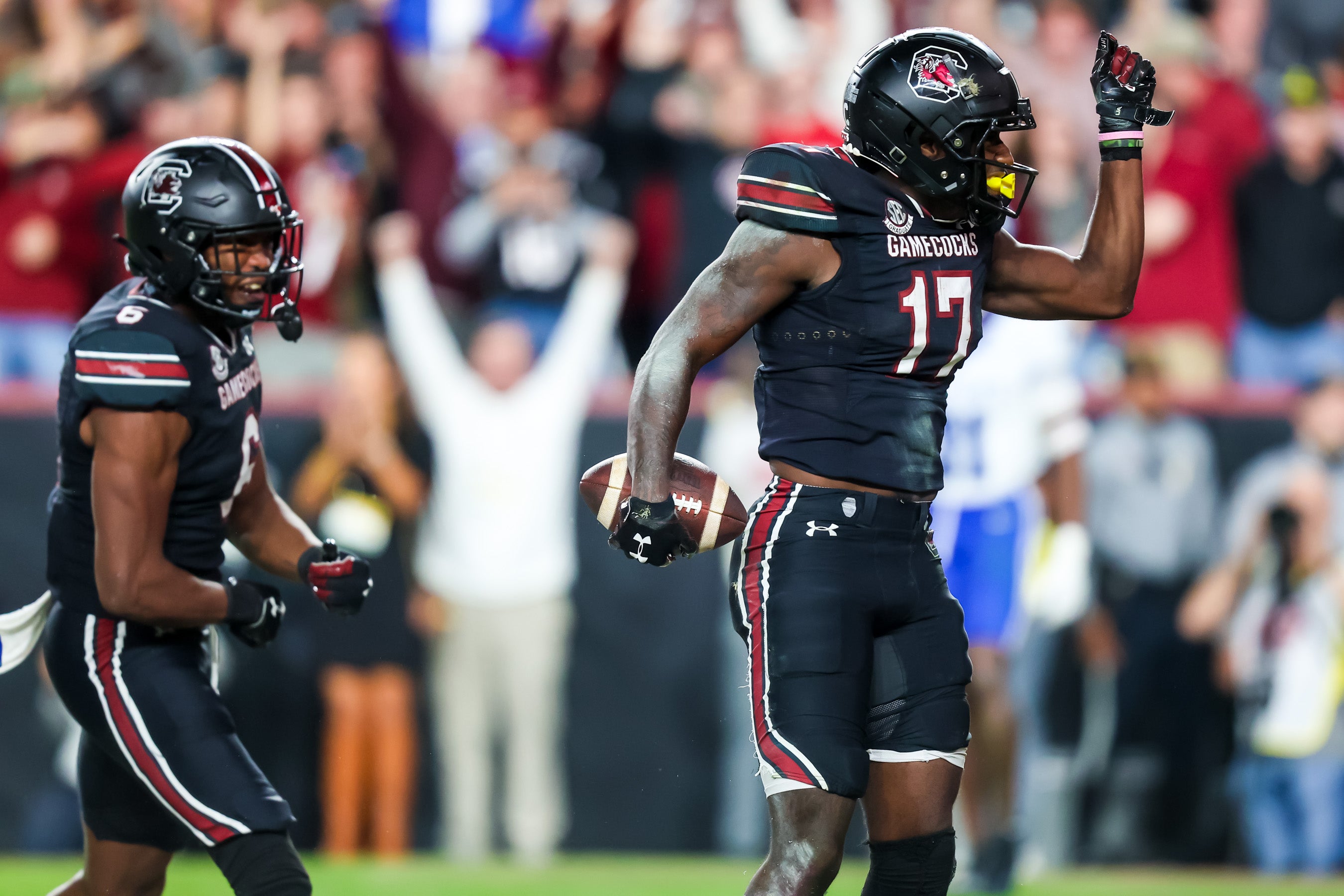 Nov 18, 2023; Columbia, South Carolina, USA; South Carolina Gamecocks wide receiver Xavier Legette (17) celebrates a touchdown reception against the Kentucky Wildcats in the second half at Williams-Brice Stadium.