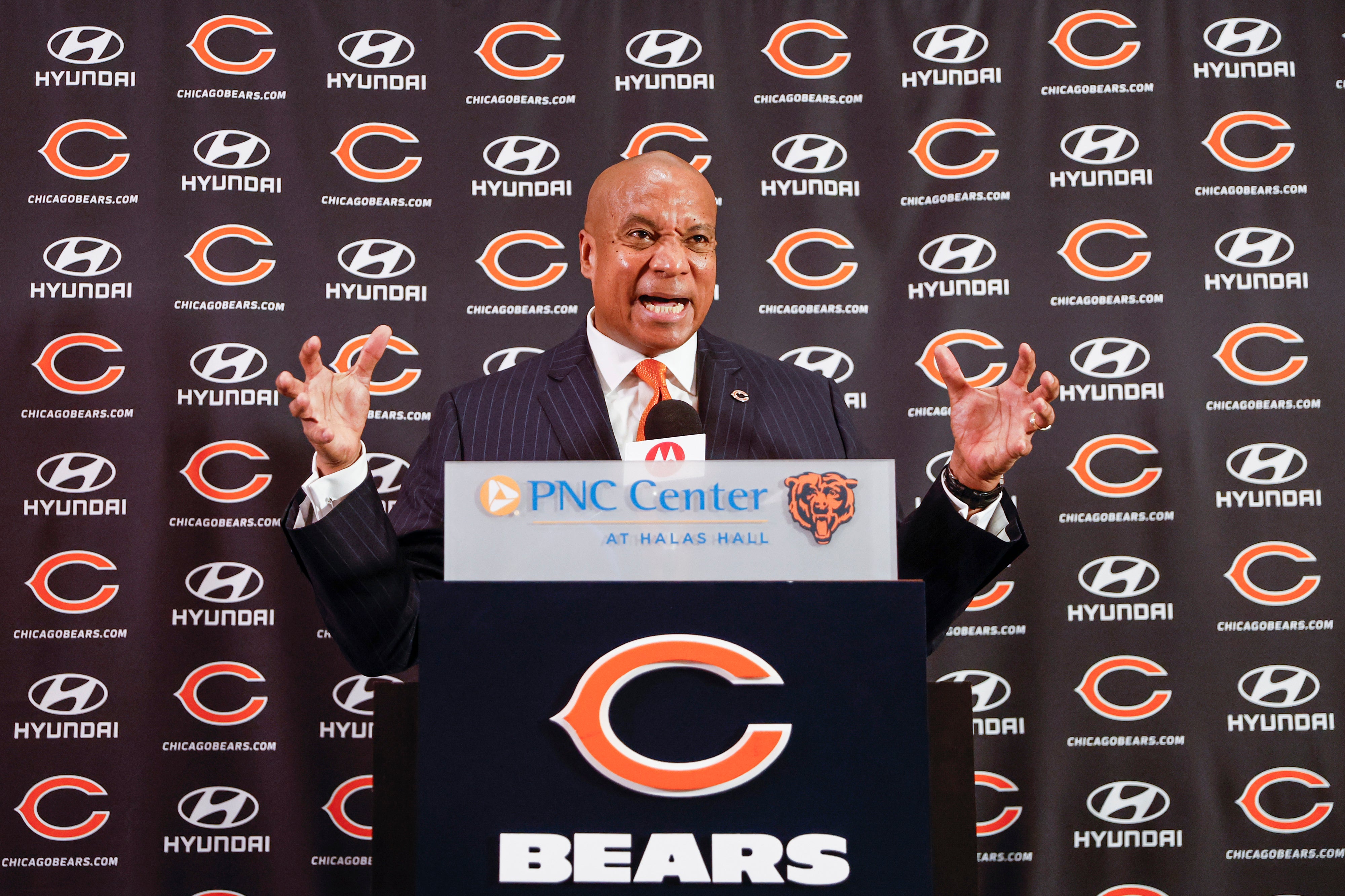 Jan 17, 2023; Chicago, Illinois, US; New Chicago Bears President and CEO Kevin Warren speaks during the press conference at Halas Hall.