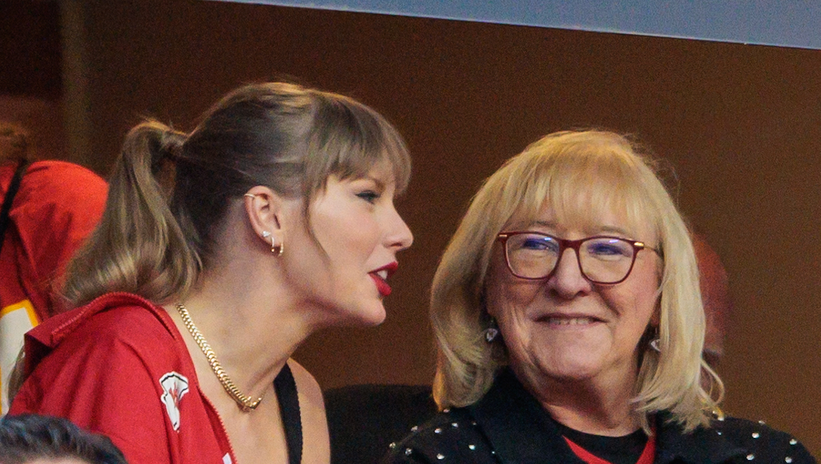 Oct 12, 2023; Kansas City, Missouri, USA; Grammy award winning artist Taylor Swift watches Kansas City Chiefs take the field along with Kansas City Chiefs tight end Travis Kelce (87) mom Donna Kelce prior to the game against the Denver Broncos at GEHA Field at Arrowhead Stadium.