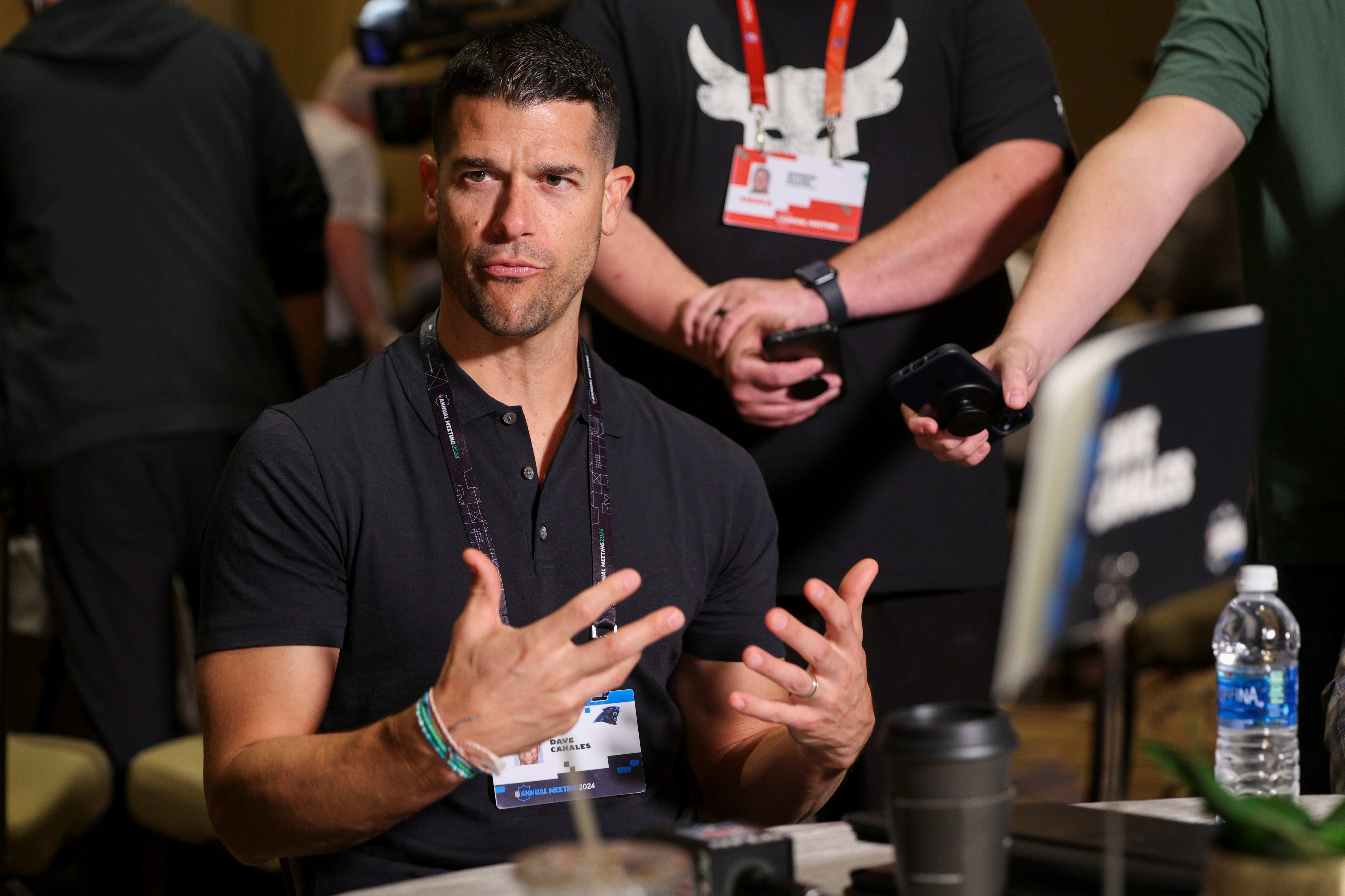 Mar 26, 2024; Orlando, FL, USA; Carolina Panthers head coach Dave Canales speaks to media during the NFL annual league meetings at the JW Marriott. Mandatory Credit: Nathan Ray Seebeck-USA TODAY Sports