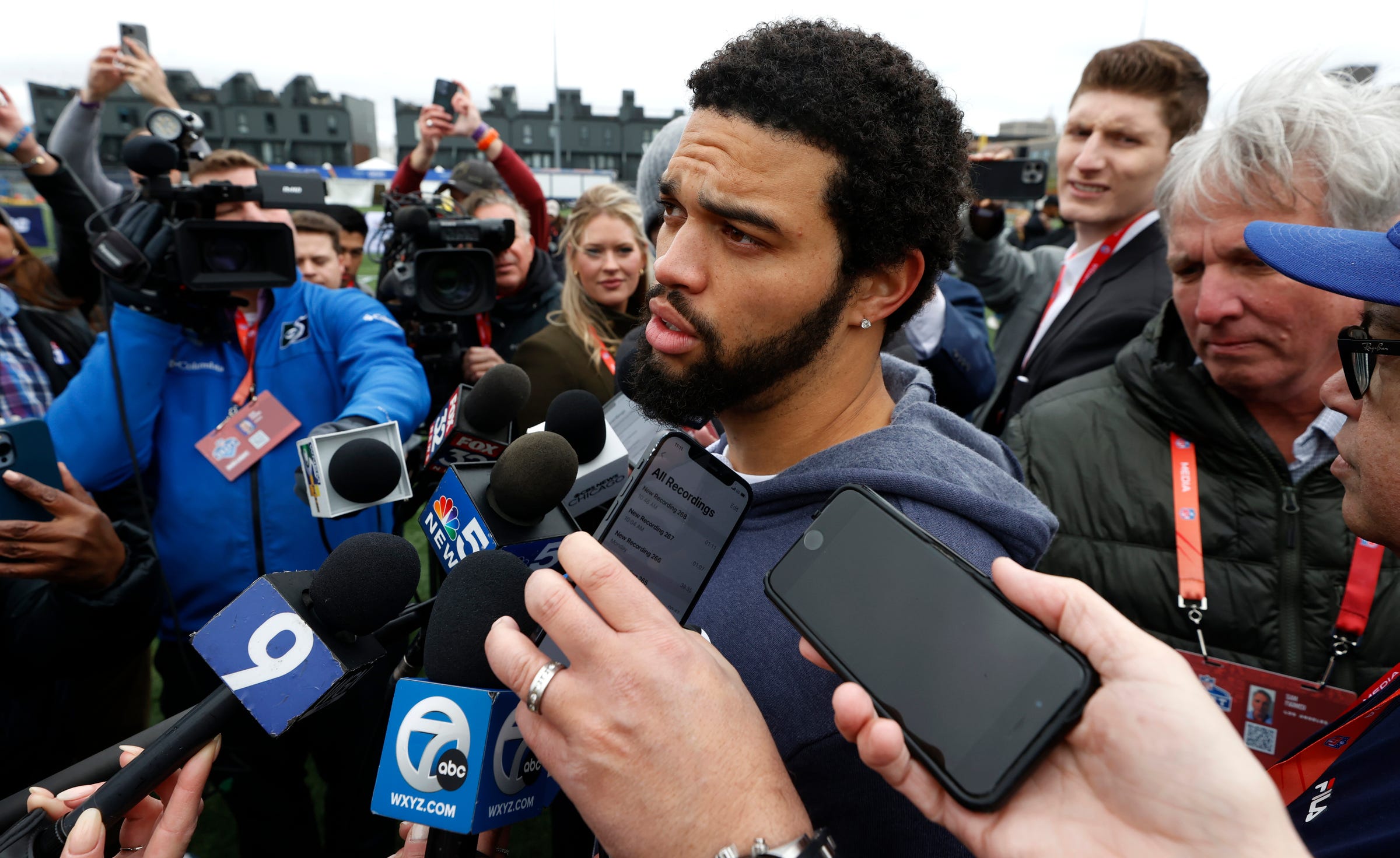 USC quarterback Caleb Williams, who is expected to be the first pick in this year's NFL draft talks with reporters after the NFL Play Football Prospect Clinic at the Corner Ballpark in Detroit on Wednesday, April 24, 2024.