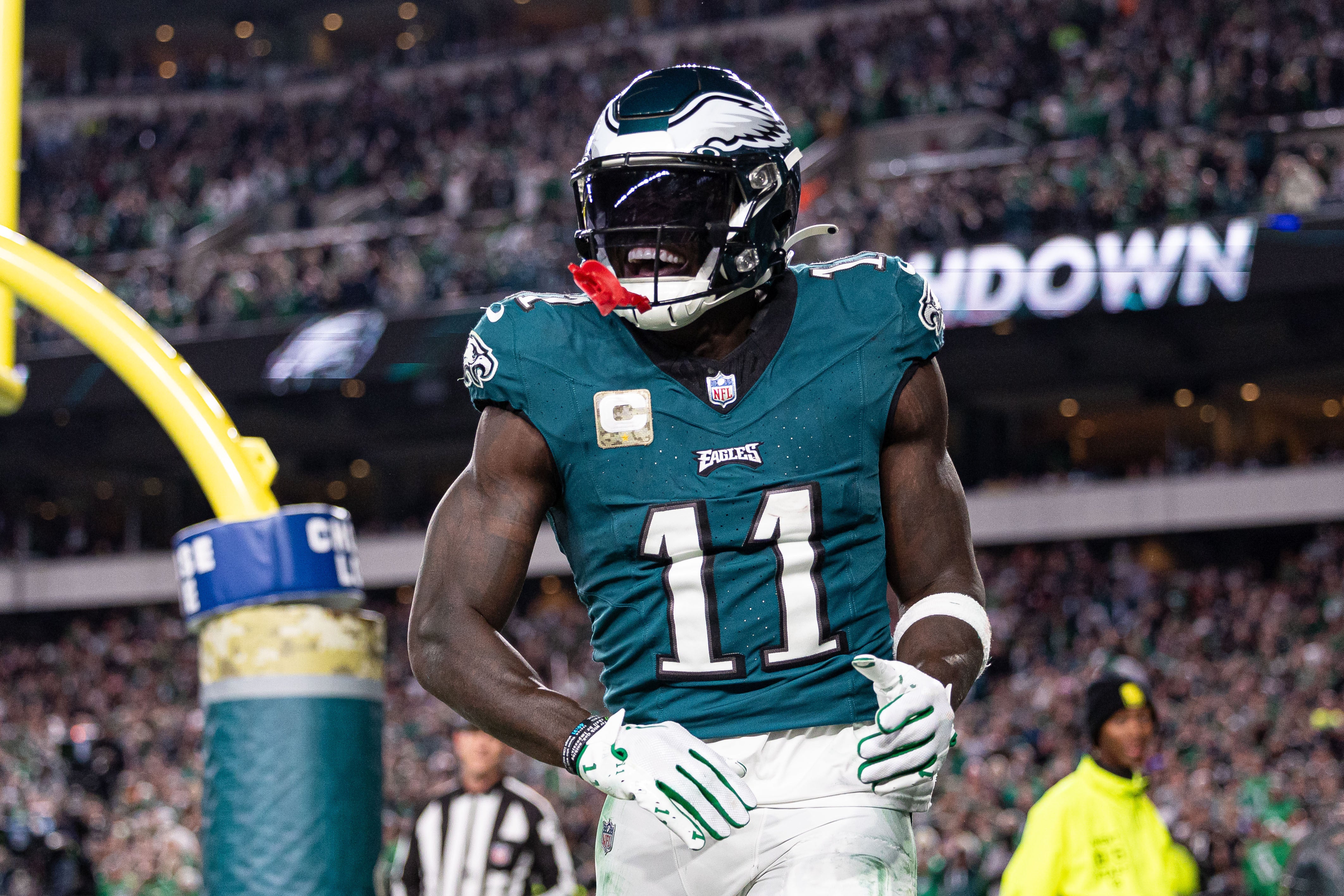 Philadelphia Eagles wide receiver A.J. Brown (11) reacts after his touchdown catch against the Dallas Cowboys during the third quarter at Lincoln Financial Field.