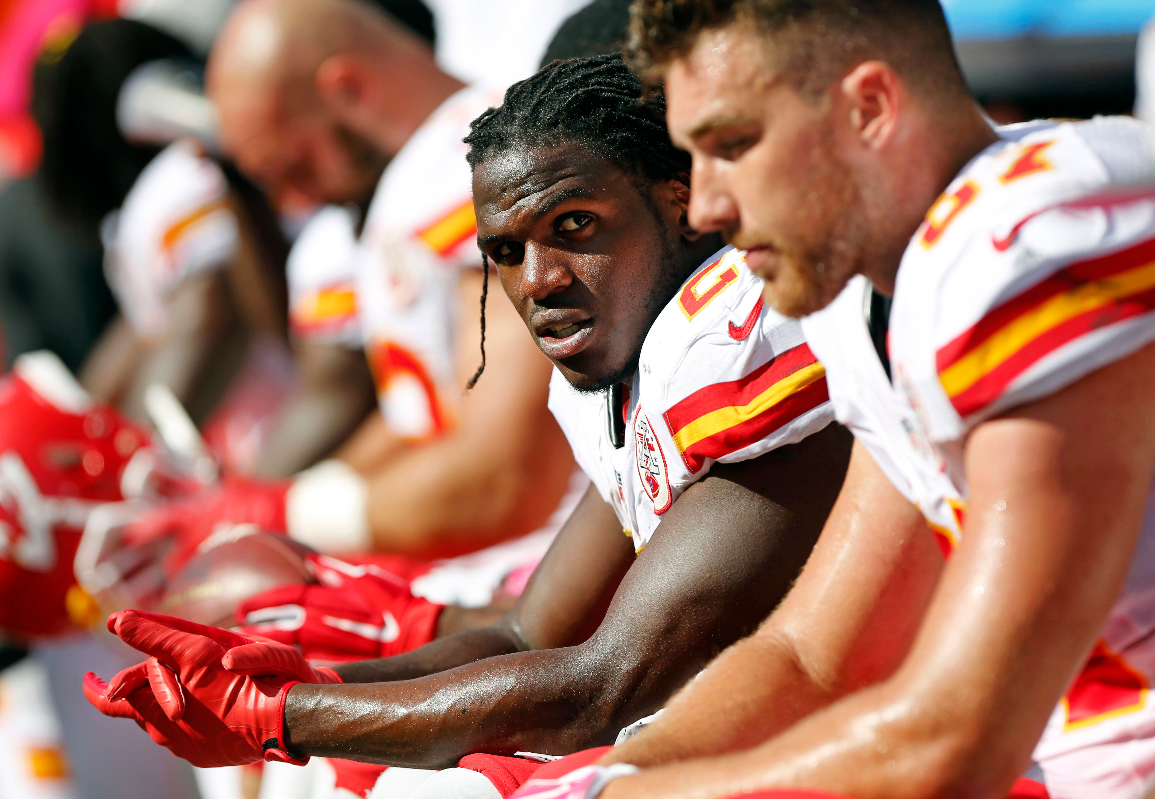 Oct 4, 2015; Cincinnati, OH, USA; Kansas City Chiefs running back Jamaal Charles (25) looks on from the sidelines in the second half against the Cincinnati Bengals at Paul Brown Stadium. The Bengals won 36-21.