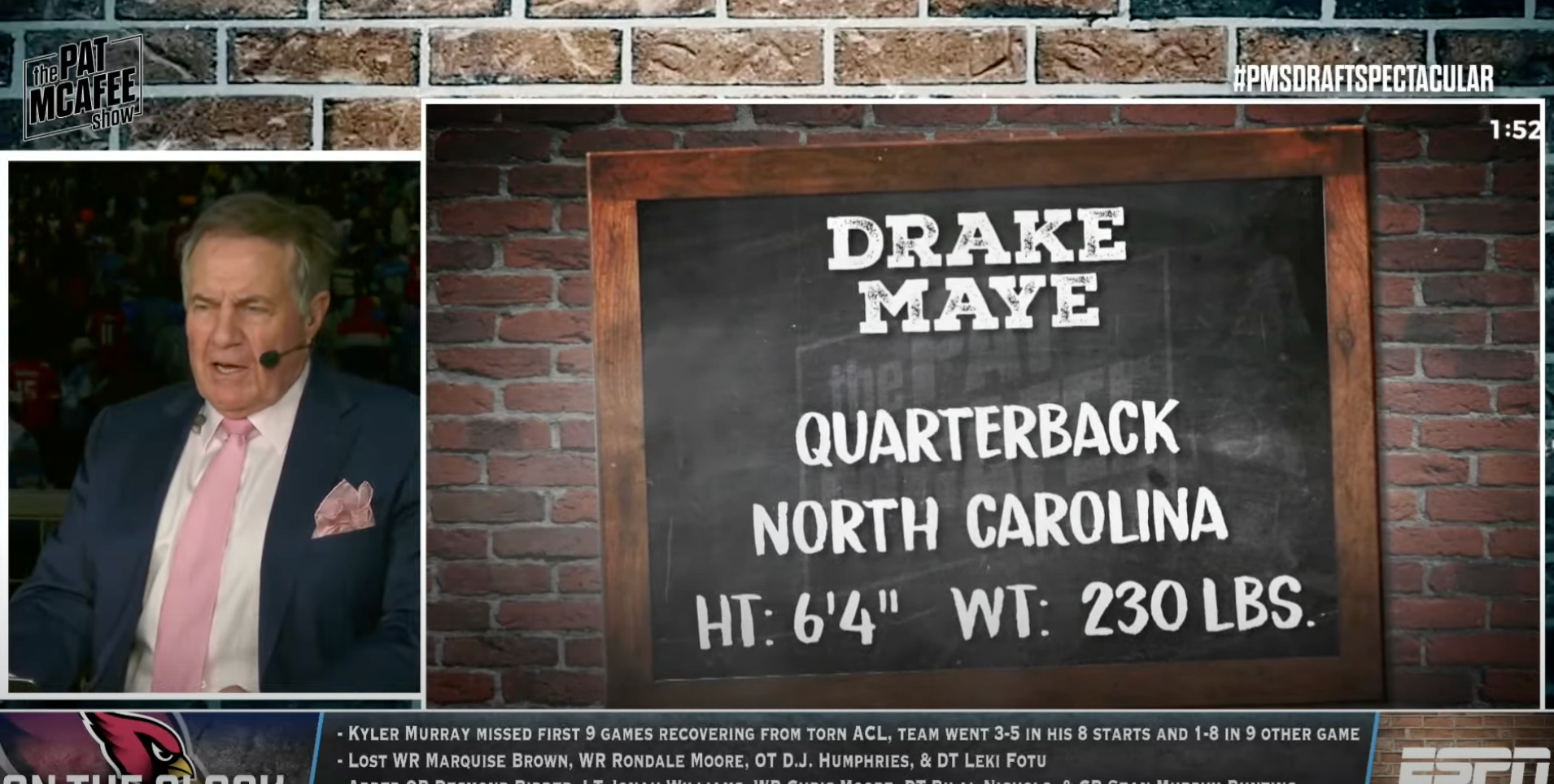 Bill Belichick reacts to the Patriots selecting Drake Maye with the No. 3 overall pick