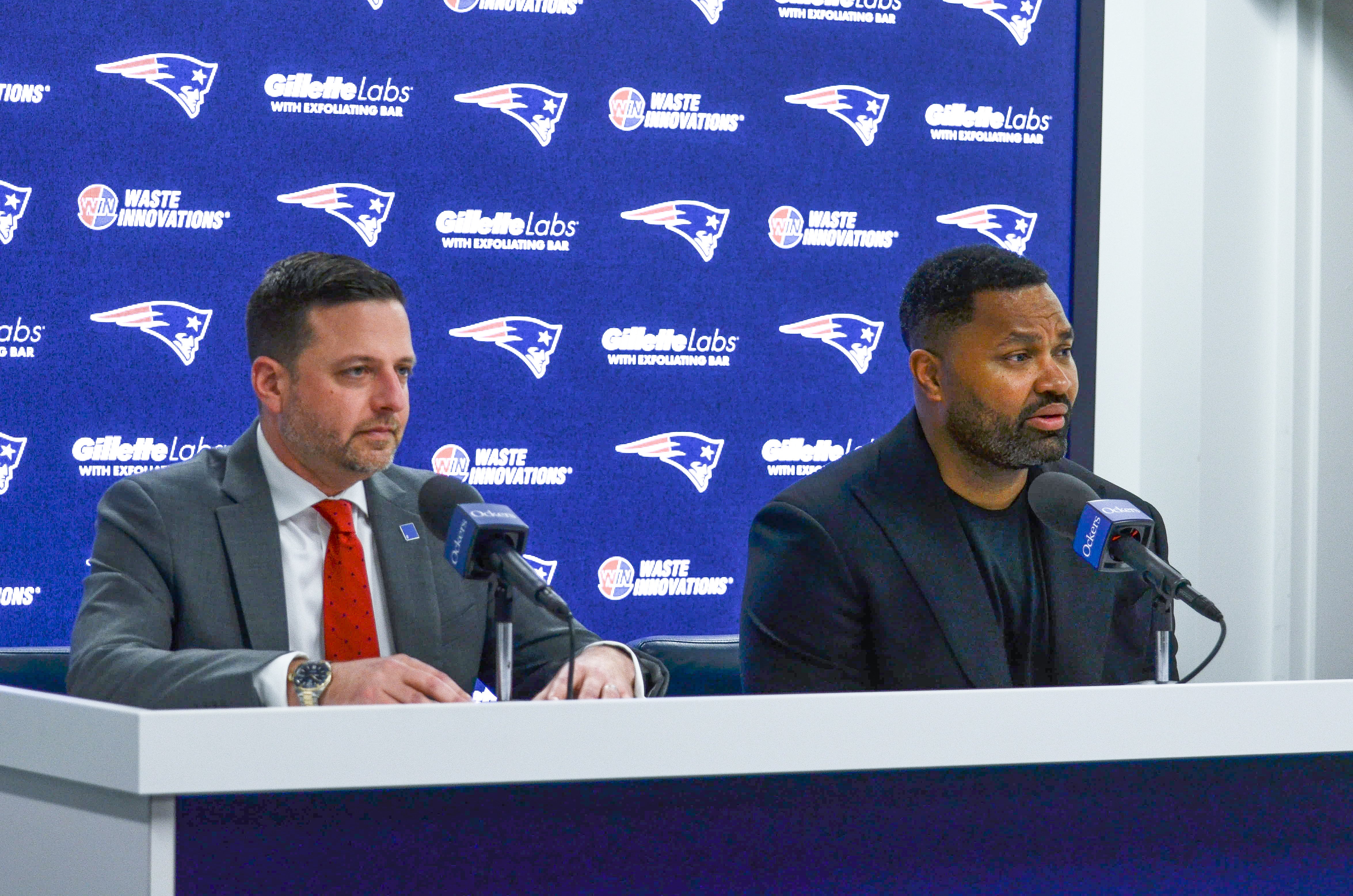 Eliot Wolf and Jerod Mayo at Gillette Stadium after Patriots No. 3 overall draft pick | Friday, April 26