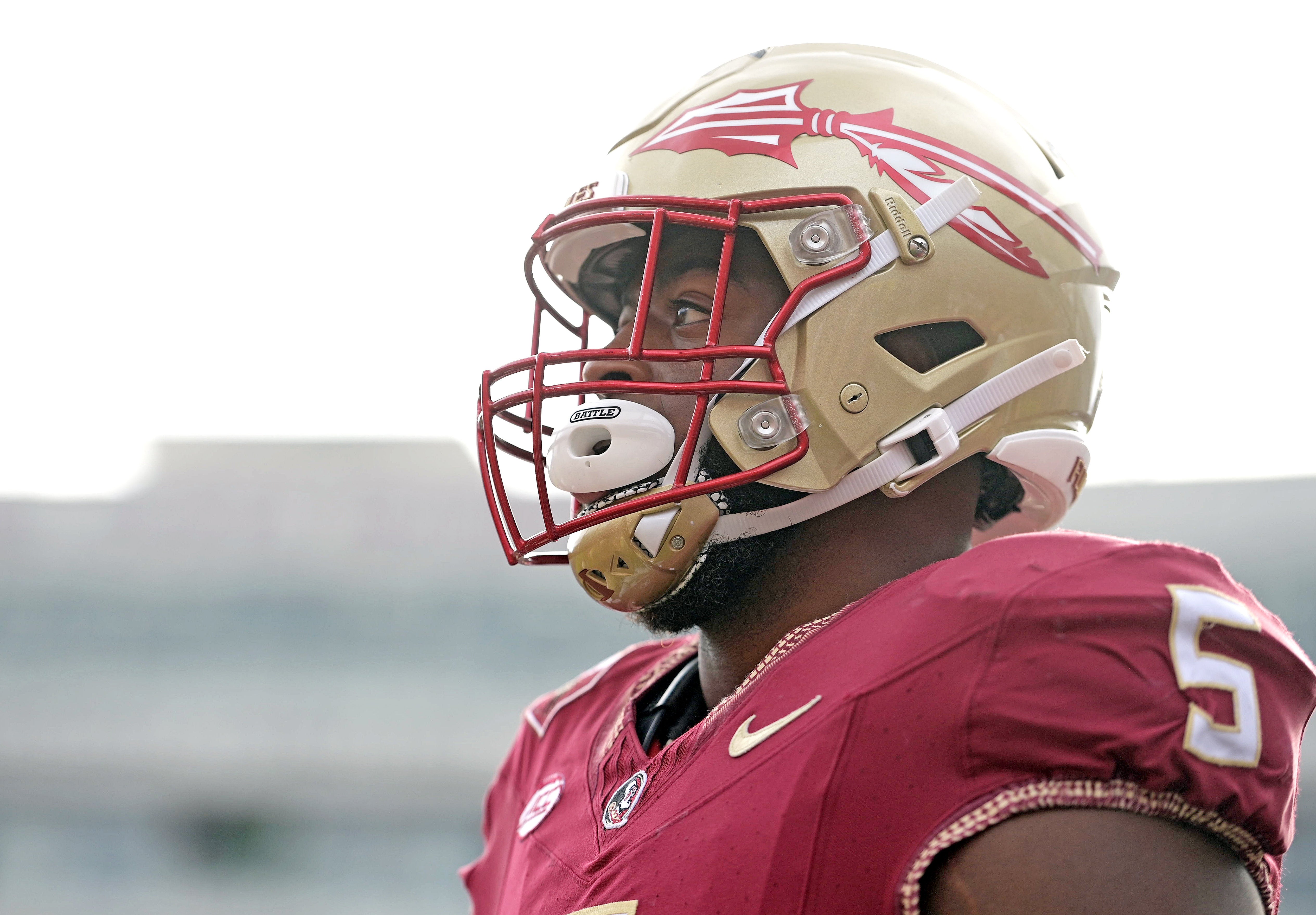 Nov 11, 2023; Tallahassee, Florida, USA; Florida State Seminoles defensive end Jared Verse (5) before the game against the Miami Hurricanes at Doak S. Campbell Stadium.