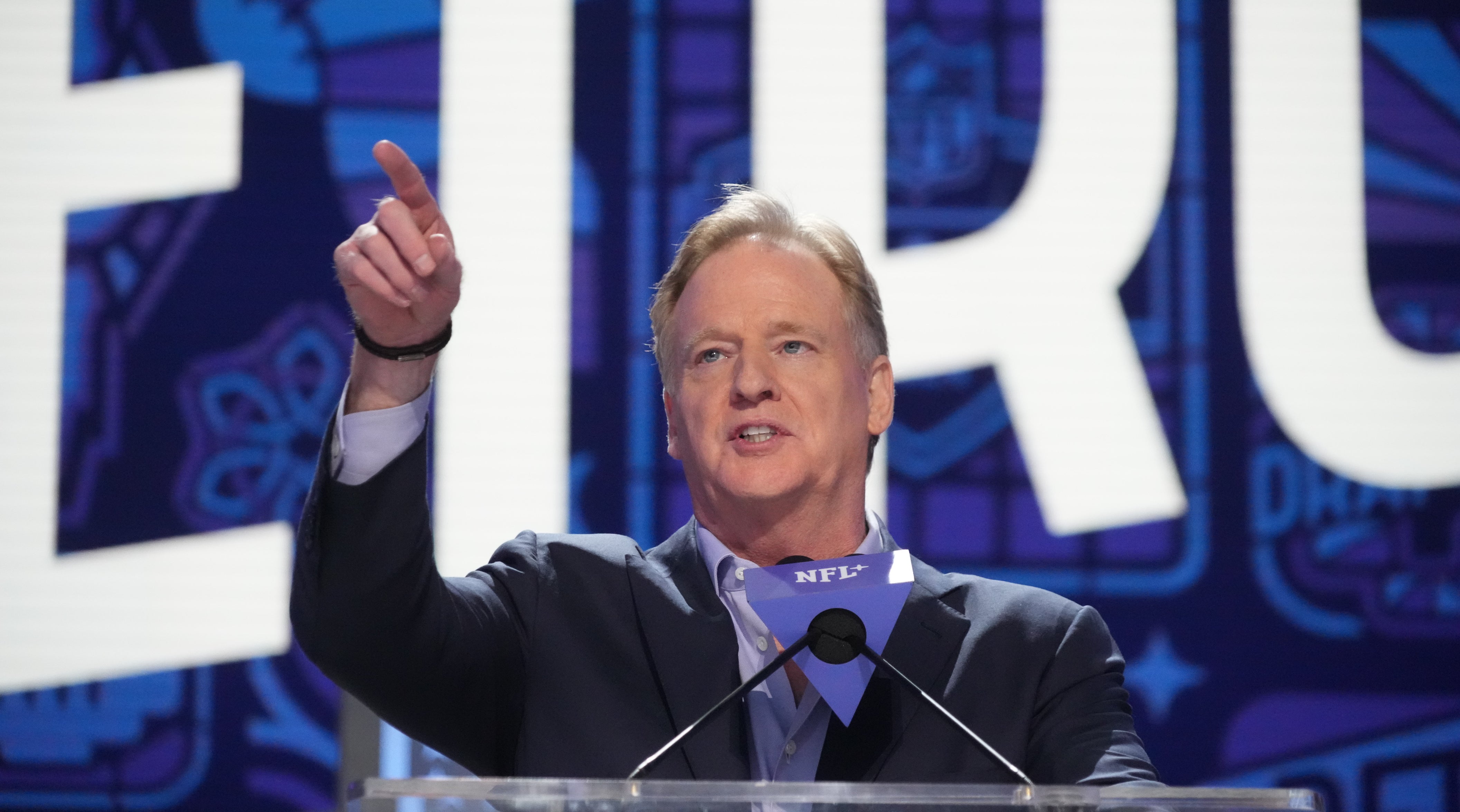 NFL Commissioner Roger Goodell addresses the crowd during the 2024 NFL Draft at Campus Martius Park and Hart Plaza. Kirby Lee-USA TODAY Sports