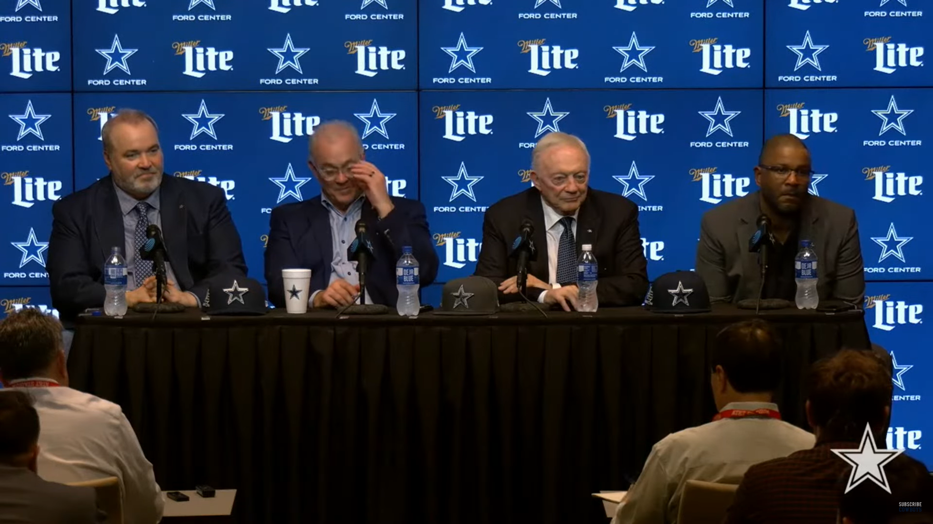 Dallas Cowboys brass talks to reporters after picking Tyler Guyton in the first round of the 2024 NFL Draft.