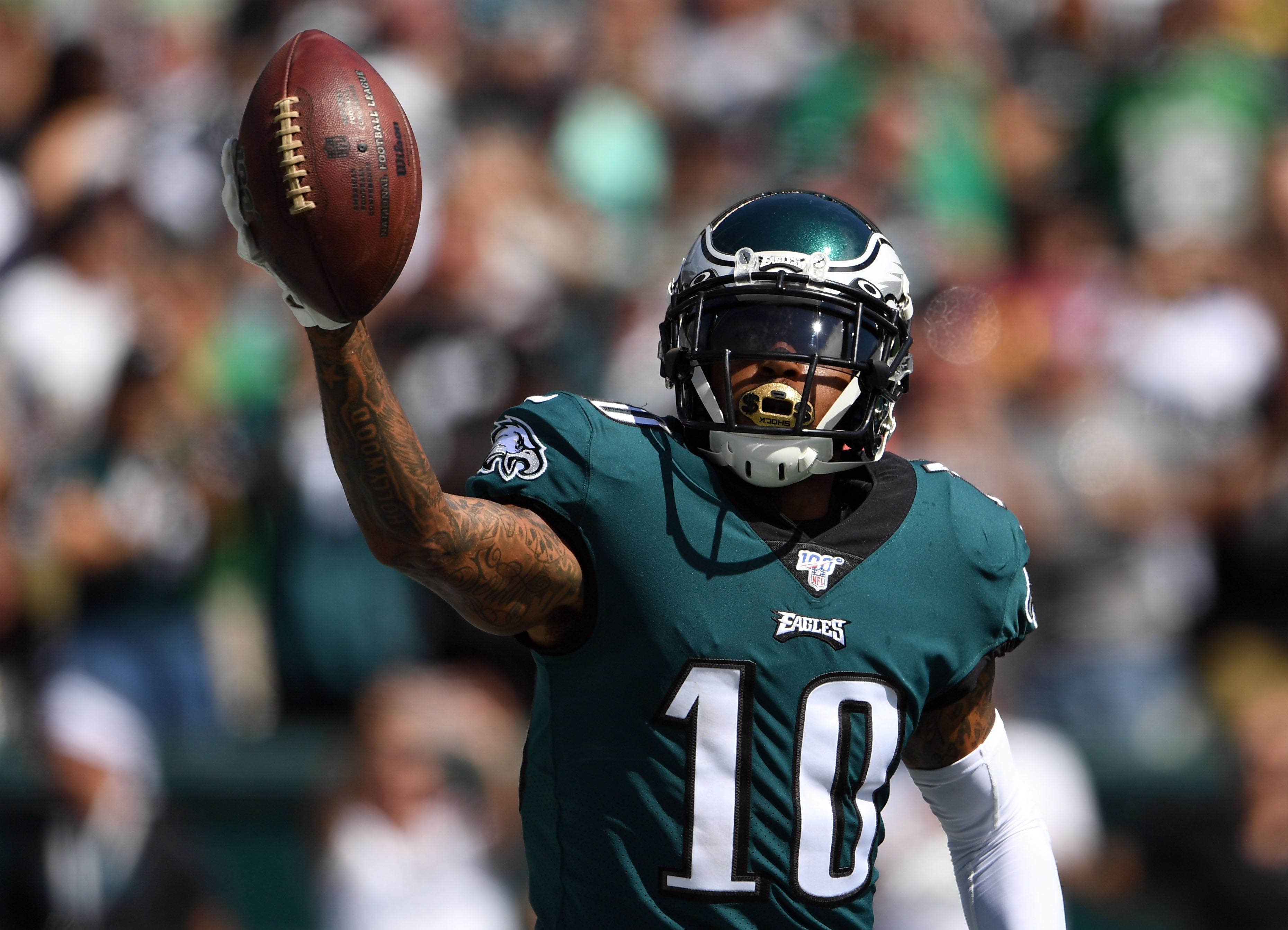 Sep 8, 2019; Philadelphia, PA, USA; Philadelphia Eagles wide receiver DeSean Jackson (10) celebrates his touchdown catch in the second quarter against the Washington Redskins at Lincoln Financial Field.